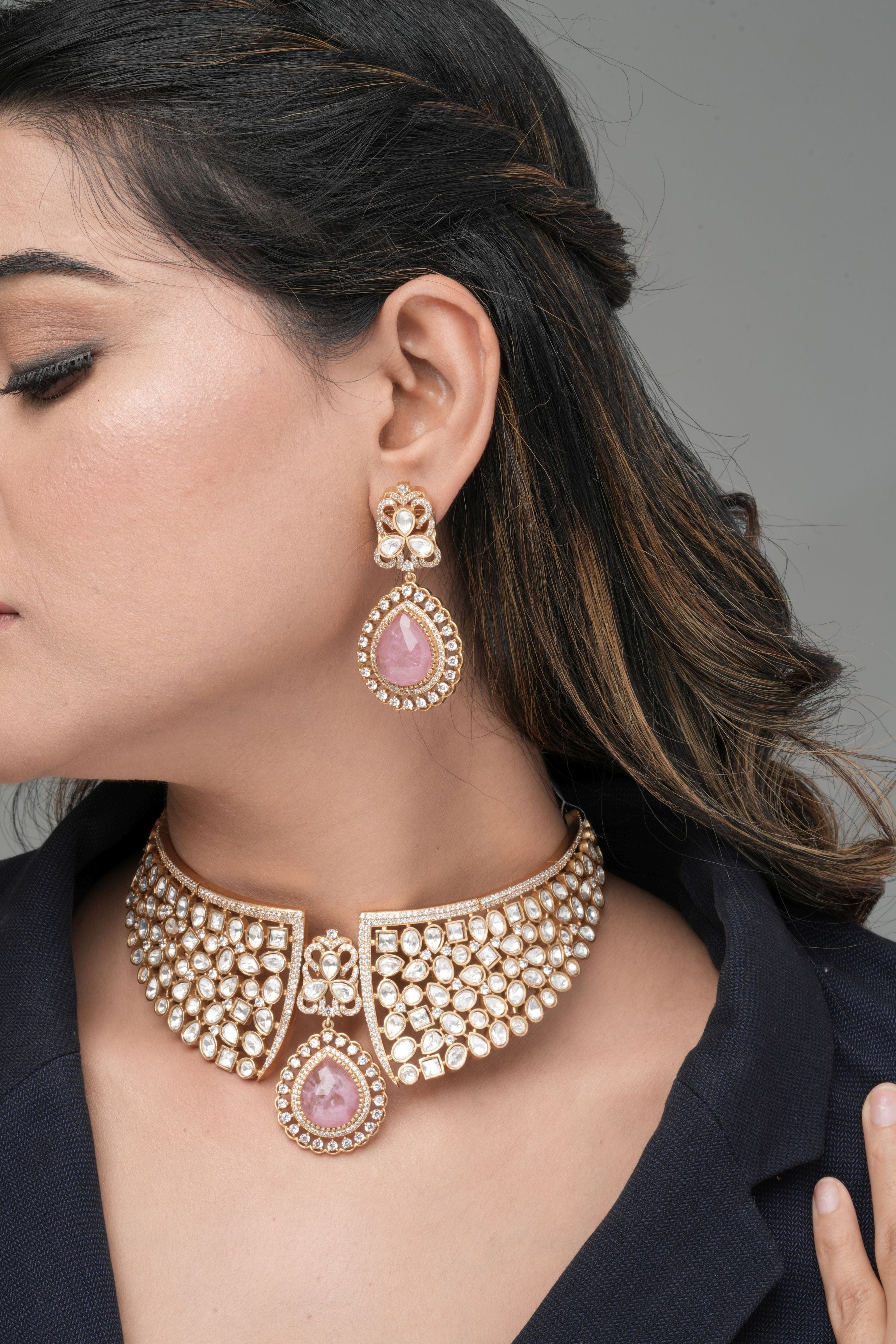 Mataari Necklaces Ruby Flame Gold Bridal Choker Set – | CZ | Indian Jewelry | Mataari