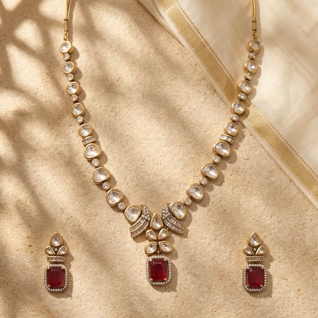 Mataari Necklaces Floral Bridal Kundan Polki Baguette Moissanite Necklace with Ruby & Emerald