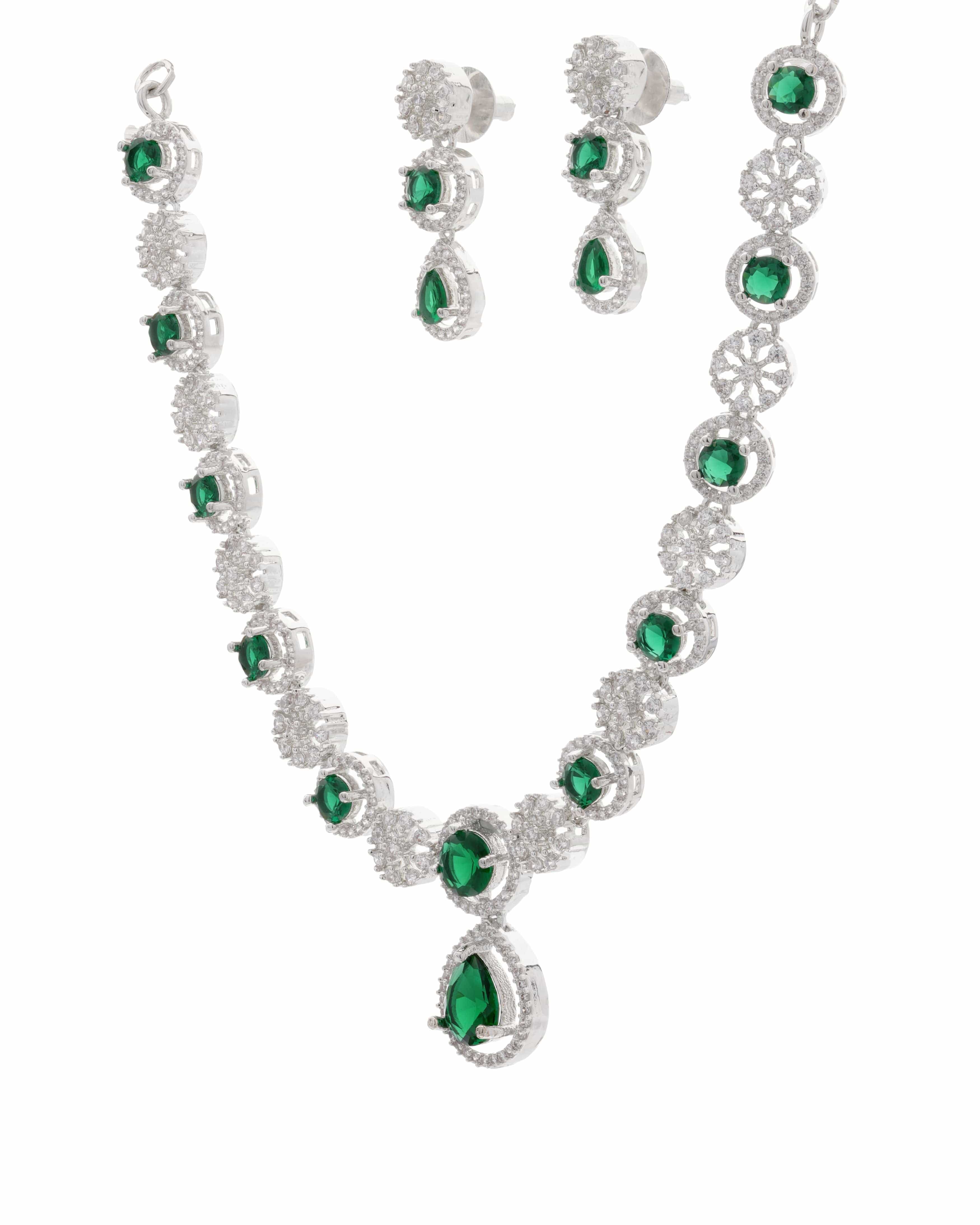 Mataari Necklaces Ruby Floral Halo Necklace & Earring Set | Rhodium | Indian Jewelry | Mataari
