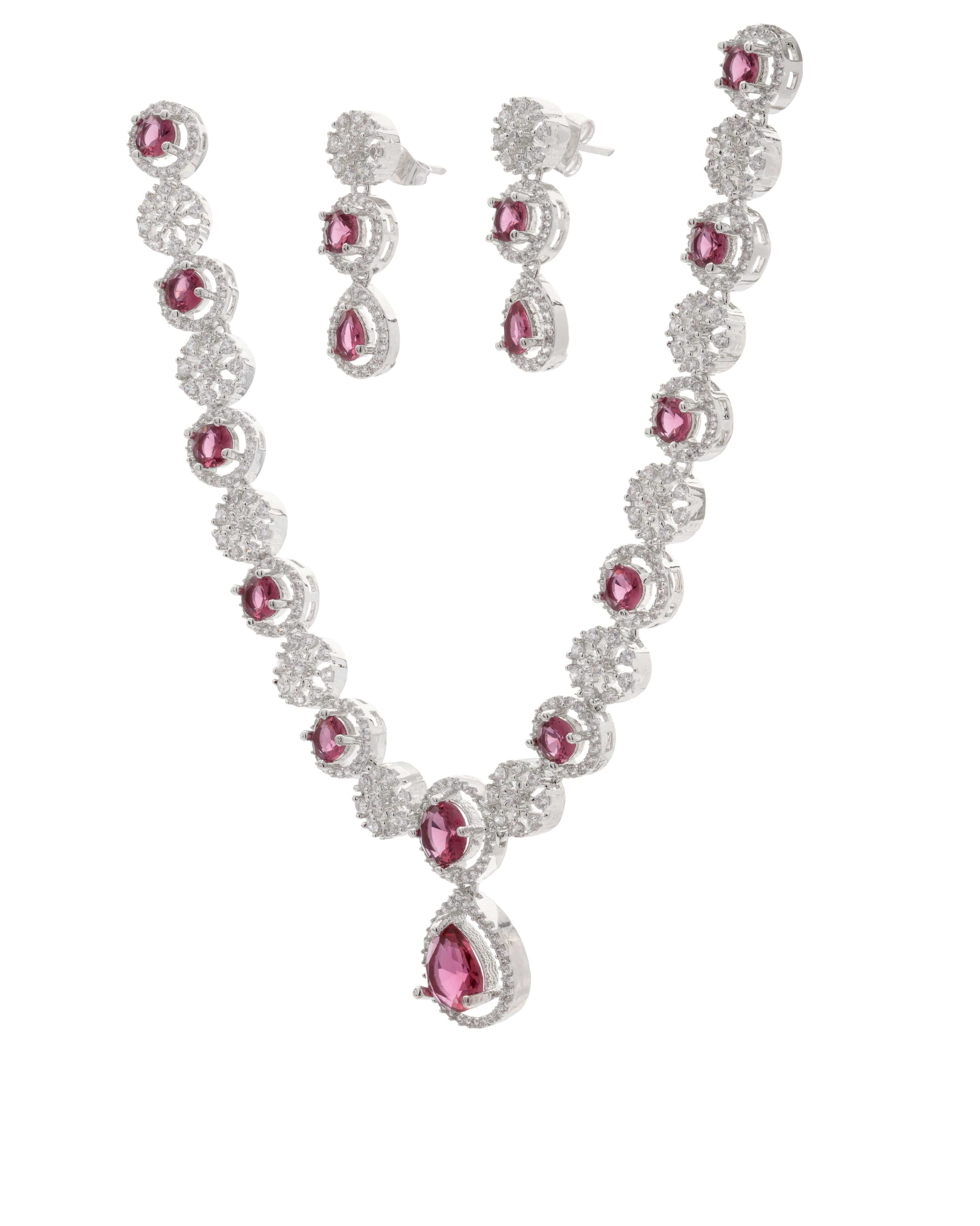 Mataari Necklaces Ruby Floral Halo Necklace & Earring Set | Rhodium | Indian Jewelry | Mataari
