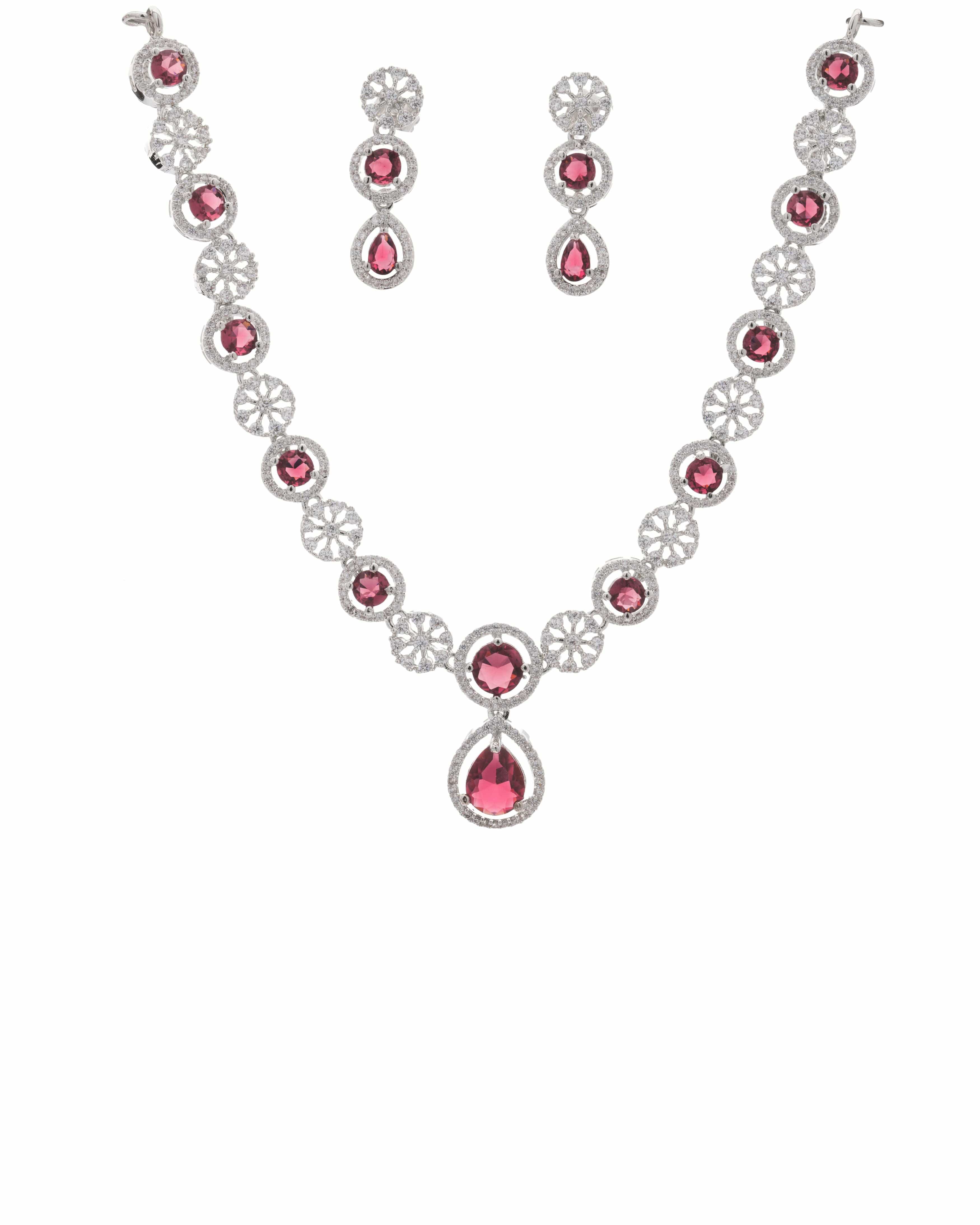 Mataari Necklaces Ruby Floral Halo Necklace & Earring Set | Rhodium | Indian Jewelry | Mataari