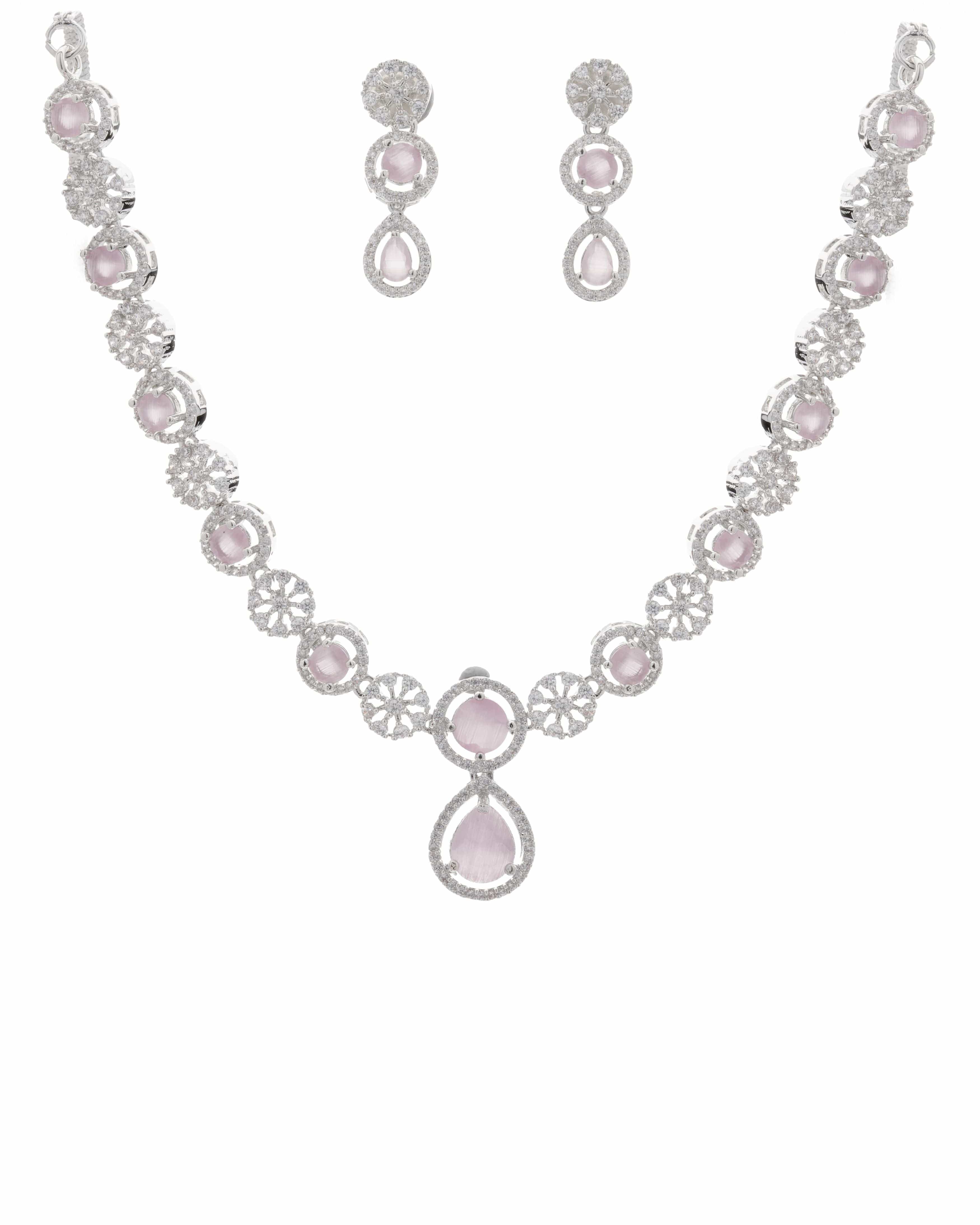Mataari Necklaces Ruby Floral Halo Necklace & Earring Set | Rhodium | Indian Jewelry | Mataari