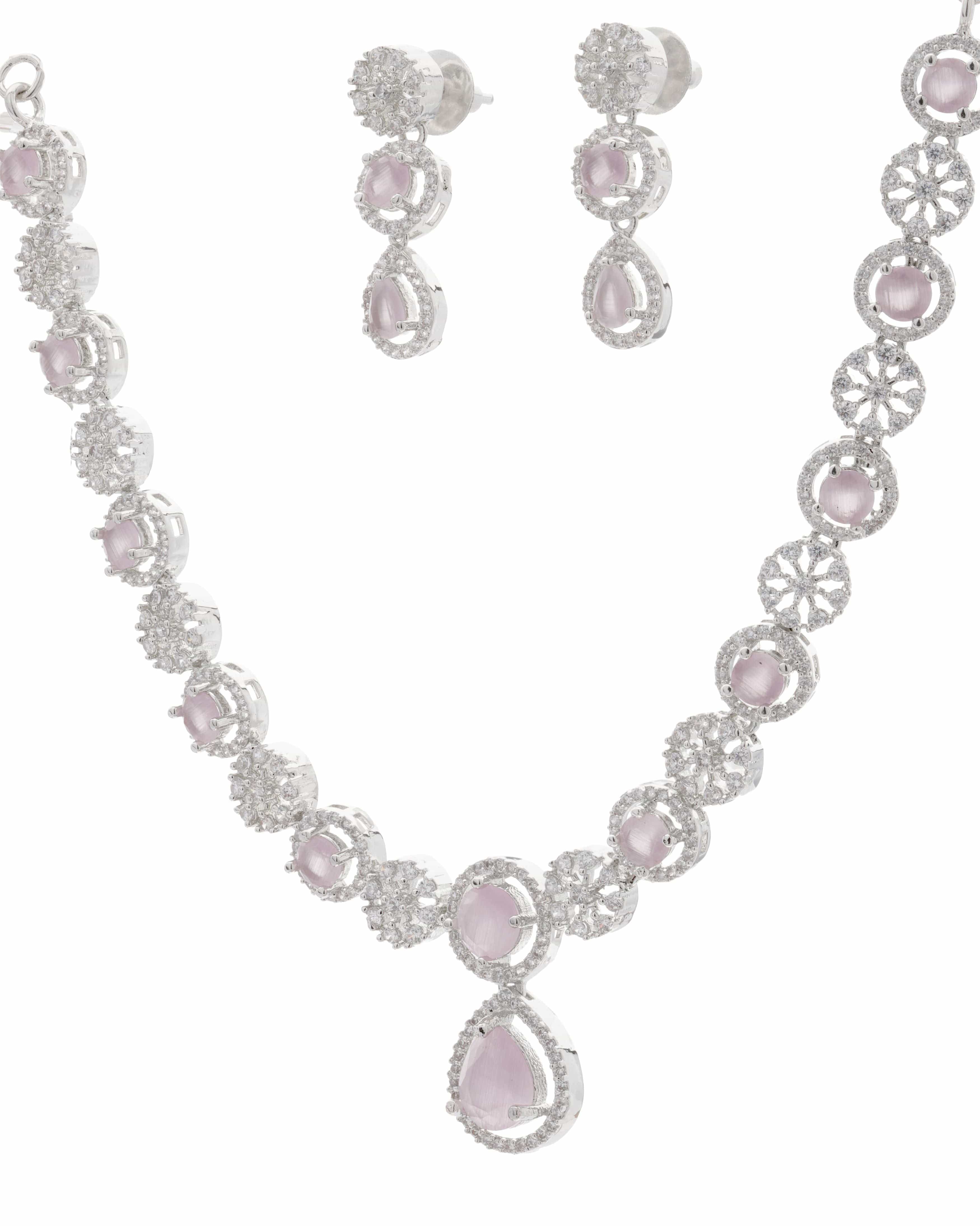Mataari Necklaces Ruby Floral Halo Necklace & Earring Set | Rhodium | Indian Jewelry | Mataari