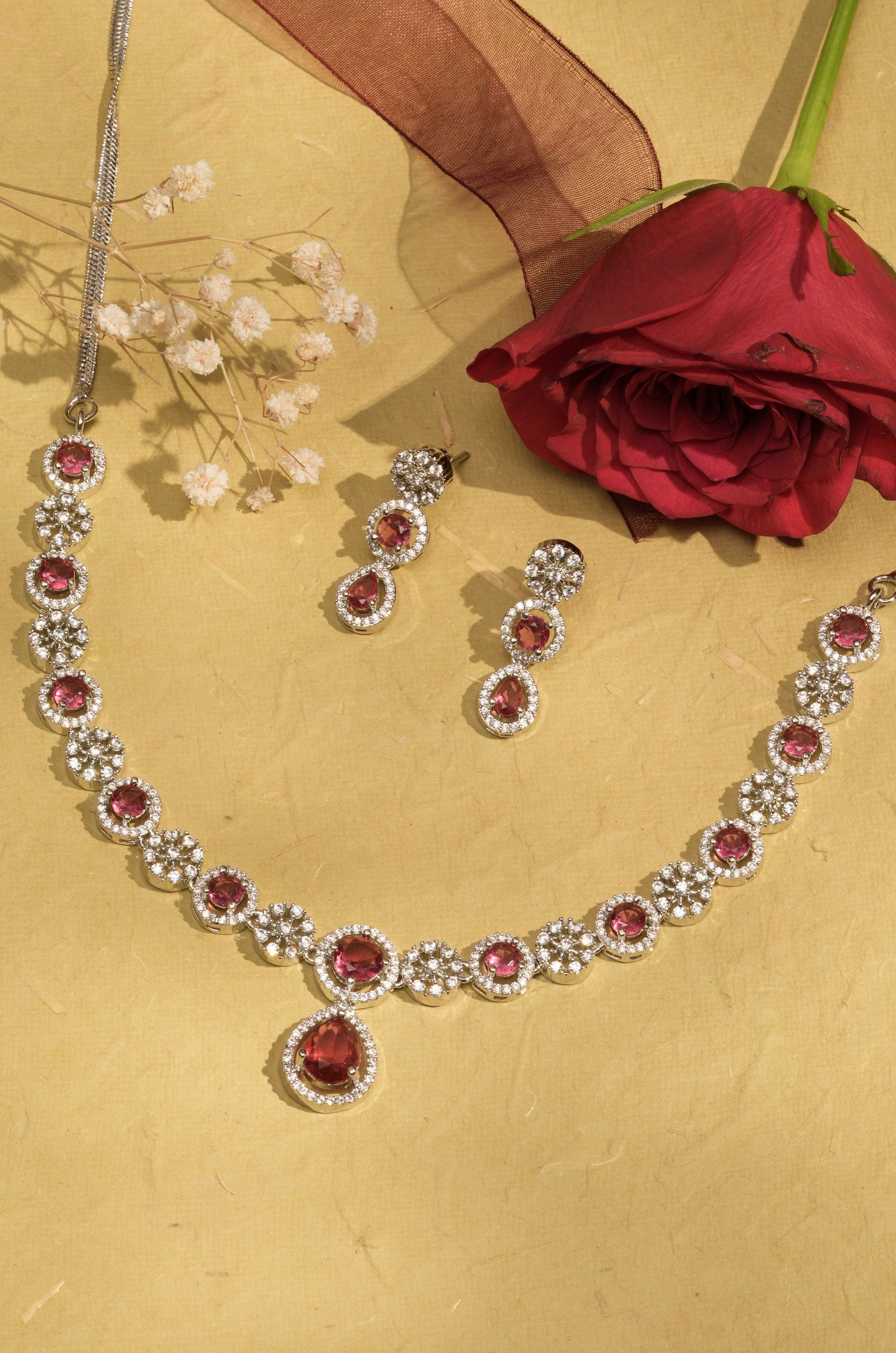 Mataari Necklaces Ruby Floral Halo Necklace & Earring Set | Rhodium | Indian Jewelry | Mataari
