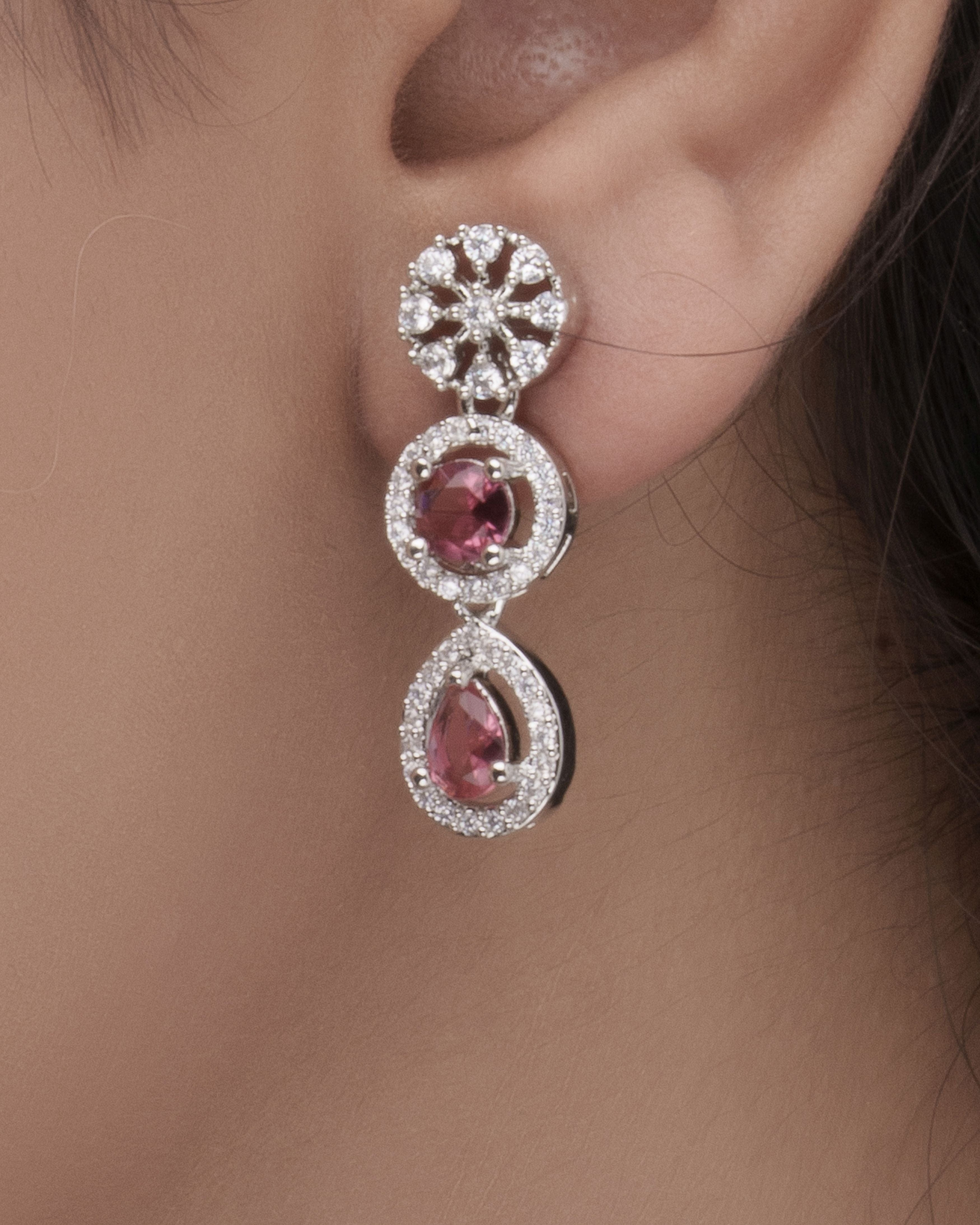 Mataari Necklaces Ruby Floral Halo Necklace & Earring Set | Rhodium | Indian Jewelry | Mataari