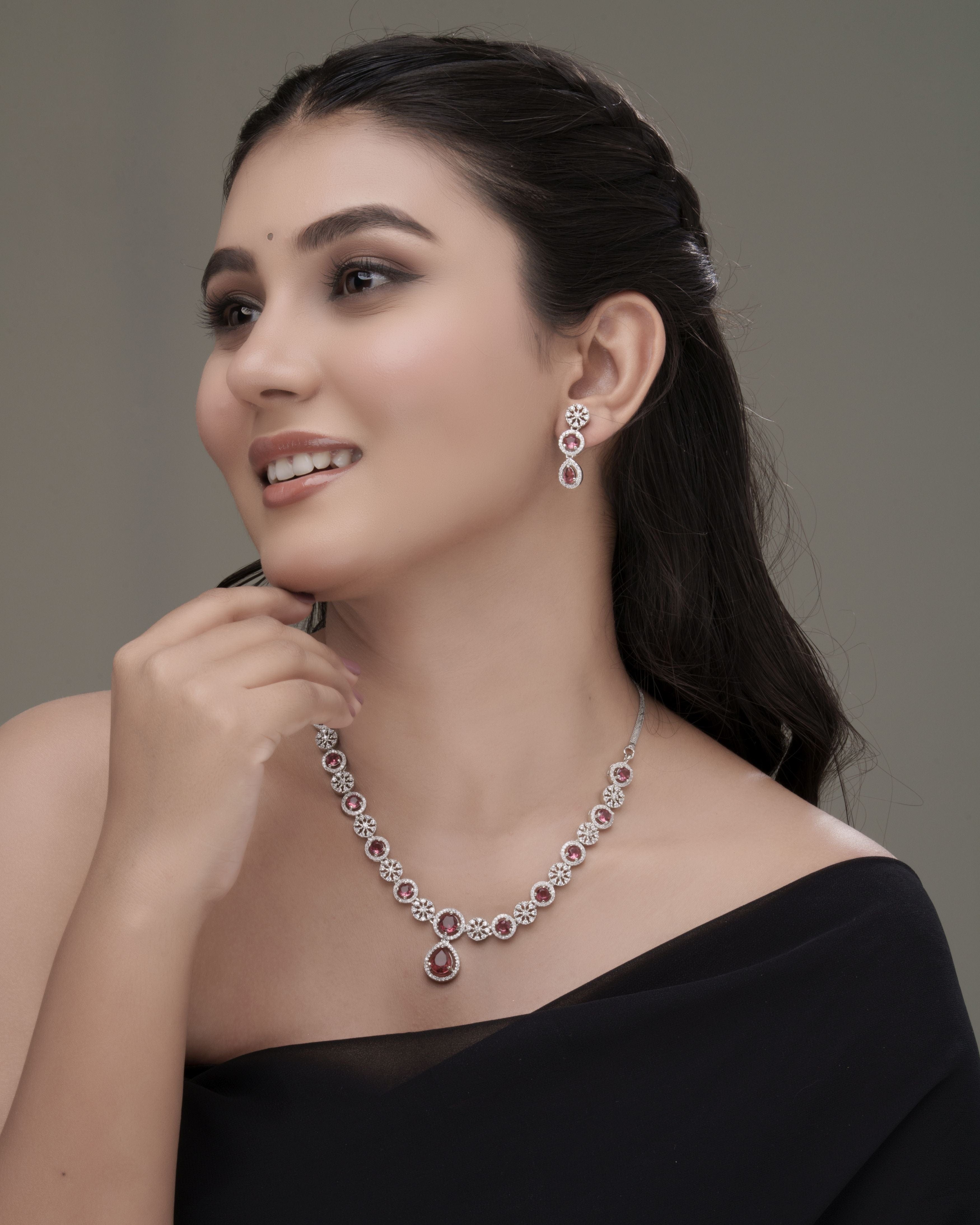 Mataari Necklaces Ruby Floral Halo Necklace & Earring Set | Rhodium | Indian Jewelry | Mataari