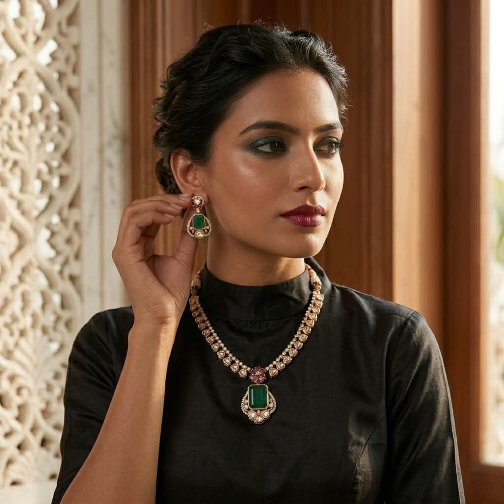 Mataari Necklaces Ruby Flower Kundan Polki Bridal Moissanite Solitaire Necklace with Emerald Accents