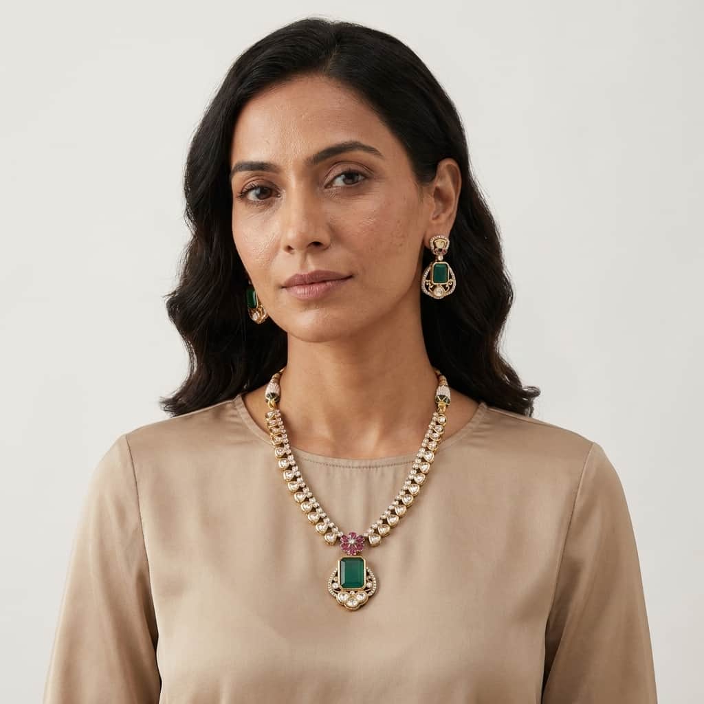 Mataari Necklaces Ruby Flower Kundan Polki Bridal Moissanite Solitaire Necklace with Emerald Accents
