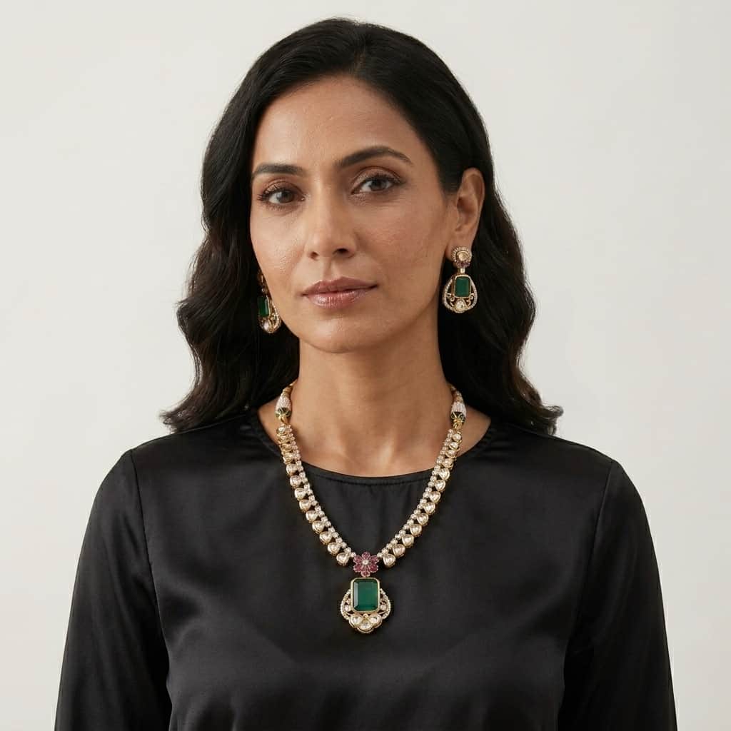 Mataari Necklaces Ruby Flower Kundan Polki Bridal Moissanite Solitaire Necklace with Emerald Accents