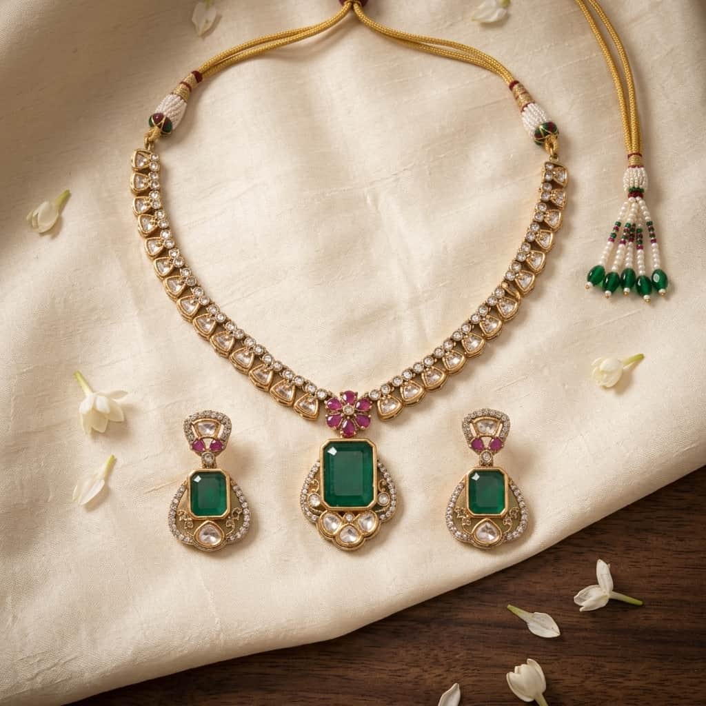 Mataari Necklaces Ruby Flower Kundan Polki Bridal Moissanite Solitaire Necklace with Emerald Accents