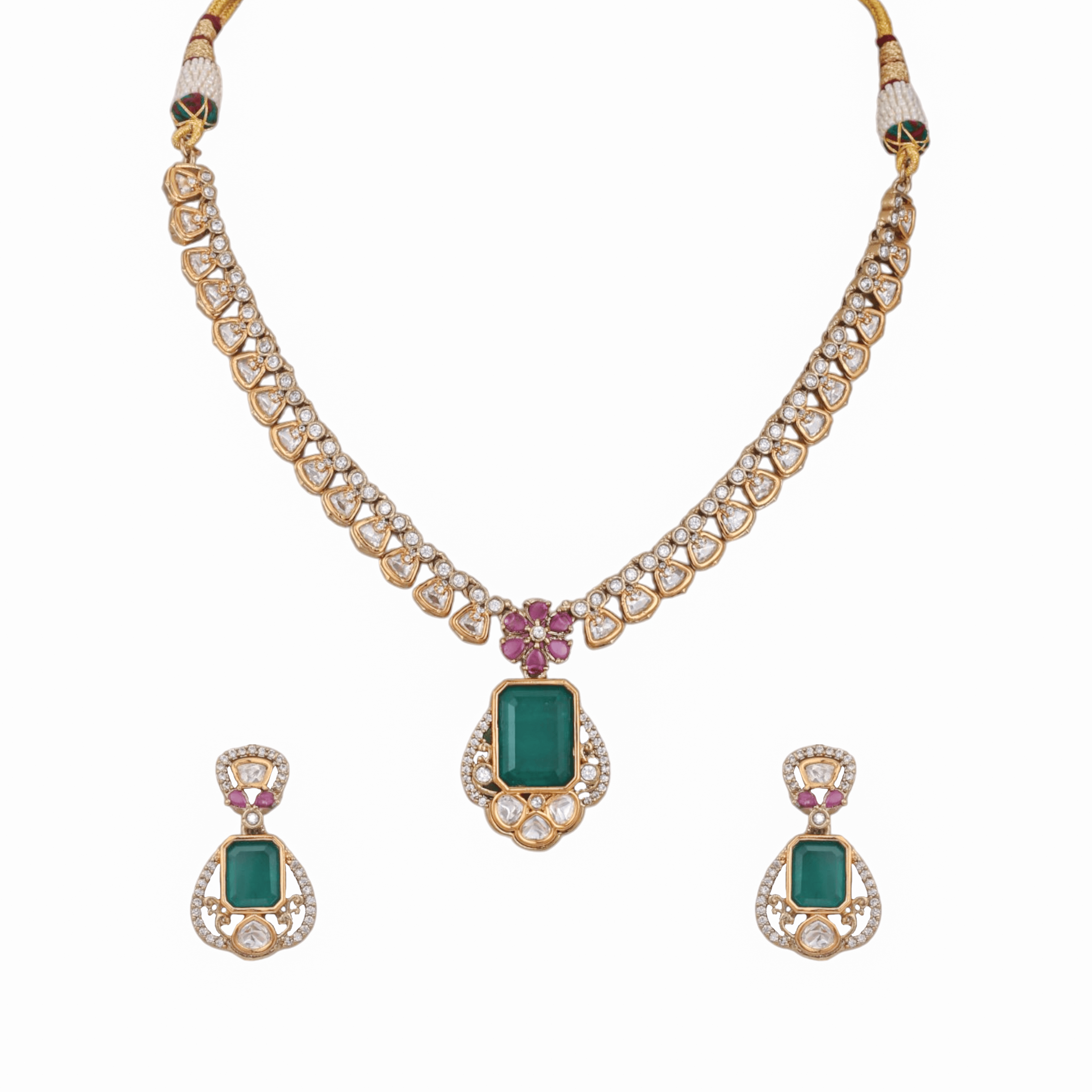 Mataari Necklaces Ruby Flower Kundan Polki Bridal Moissanite Solitaire Necklace with Emerald Accents