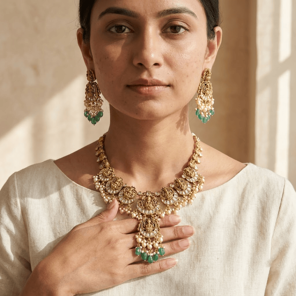 Mataari Necklaces Ruby Goddess Lakshmi Antique Gold Kundan Polki Pearl Beaded Necklace