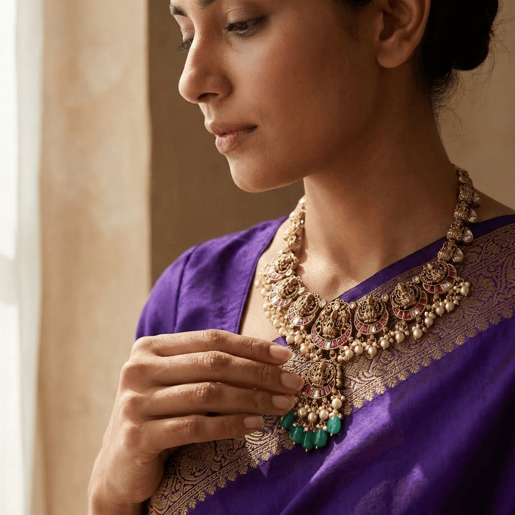 Mataari Necklaces Ruby Goddess Lakshmi Antique Gold Kundan Polki Pearl Beaded Necklace