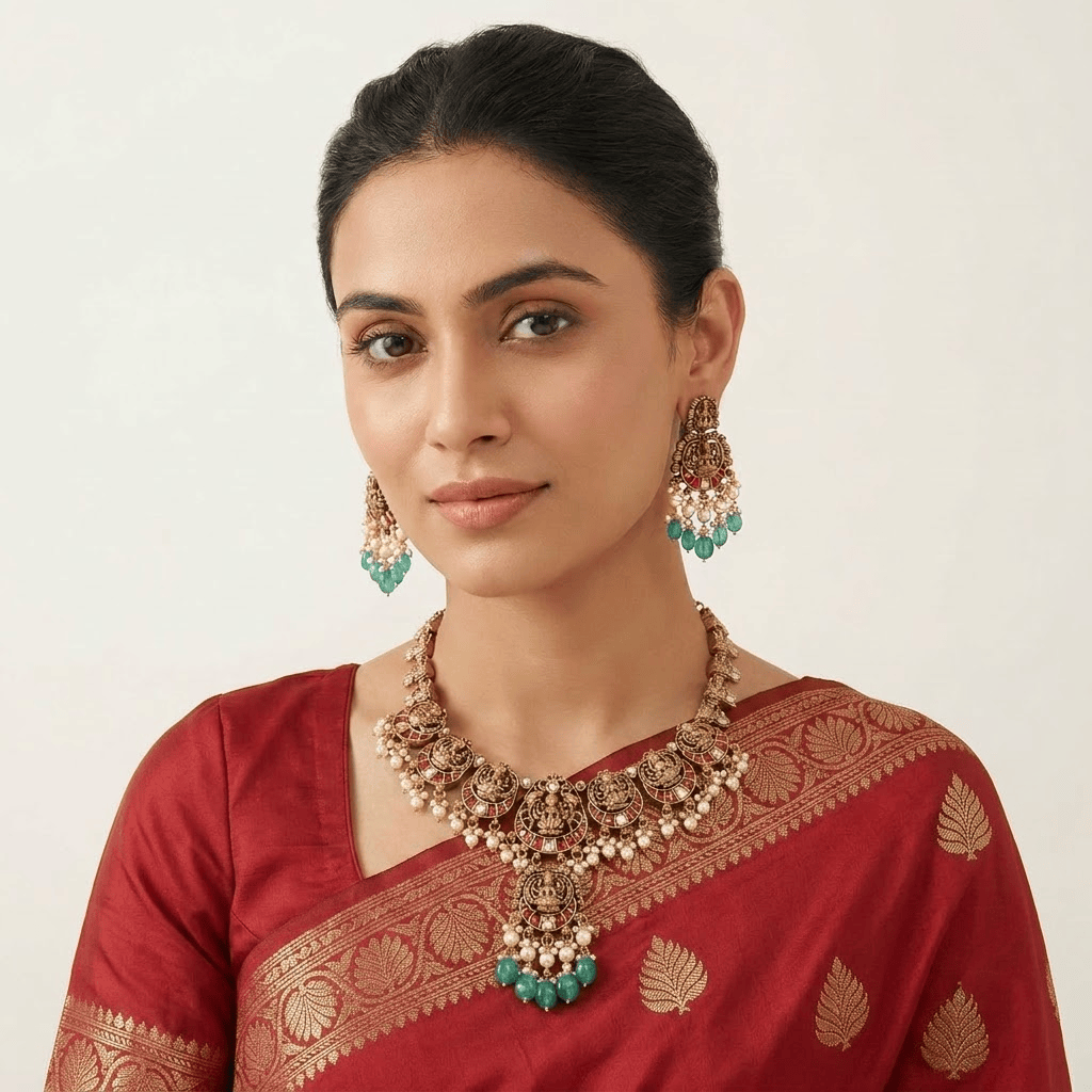 Mataari Necklaces Ruby Goddess Lakshmi Antique Gold Kundan Polki Pearl Beaded Necklace