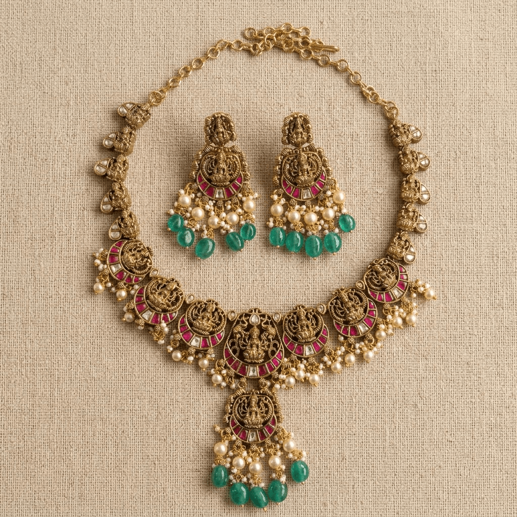 Mataari Necklaces Ruby Goddess Lakshmi Antique Gold Kundan Polki Pearl Beaded Necklace
