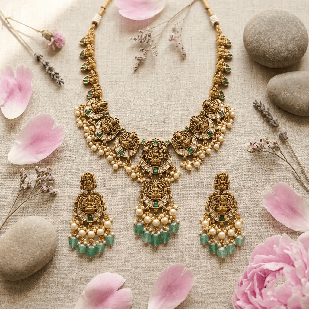 Mataari Necklaces Ruby Goddess Lakshmi Antique Gold Kundan Polki Pearl Beaded Necklace