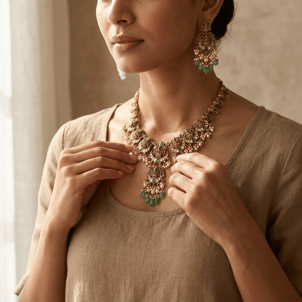 Mataari Necklaces Ruby Goddess Lakshmi Antique Gold Kundan Polki Pearl Beaded Necklace