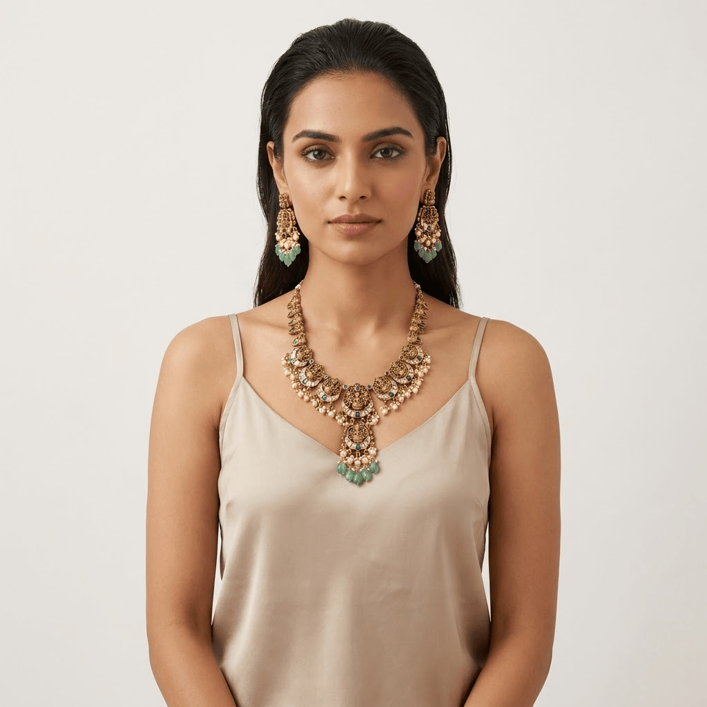 Mataari Necklaces Ruby Goddess Lakshmi Antique Gold Kundan Polki Pearl Beaded Necklace