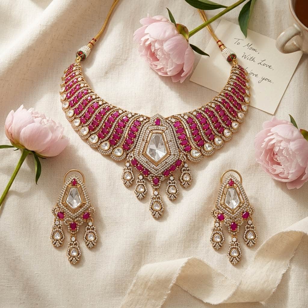 Mataari Necklaces Ruby Gold Plated Cubic Zirconia Bridal Choker Necklace
