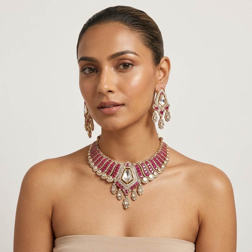 Mataari Necklaces Ruby Gold Plated Cubic Zirconia Bridal Choker Necklace