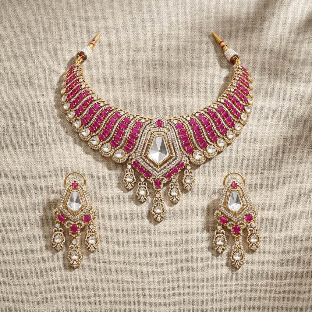 Mataari Necklaces Ruby Gold Plated Cubic Zirconia Bridal Choker Necklace