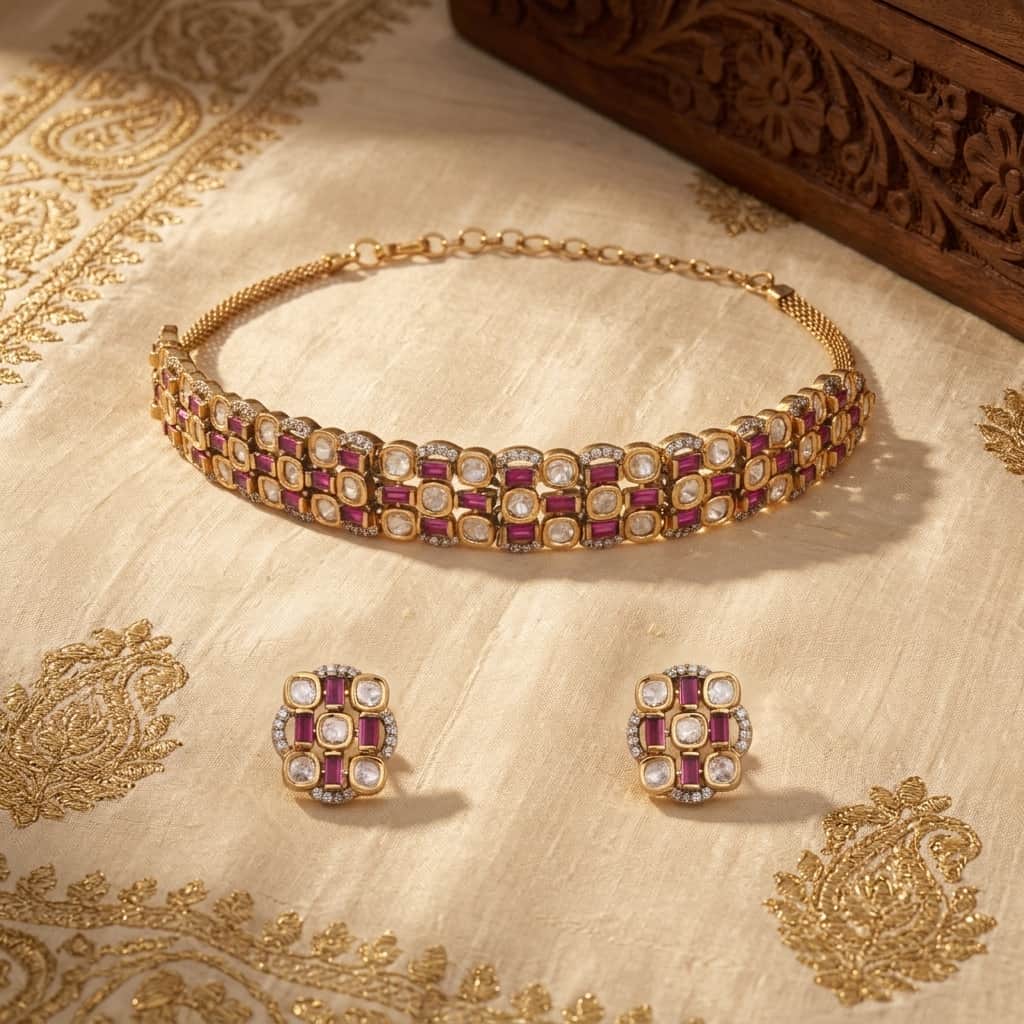 Mataari Necklaces Kundan Polki Wedding Gold Plated Choker Necklace with Stud Earrings