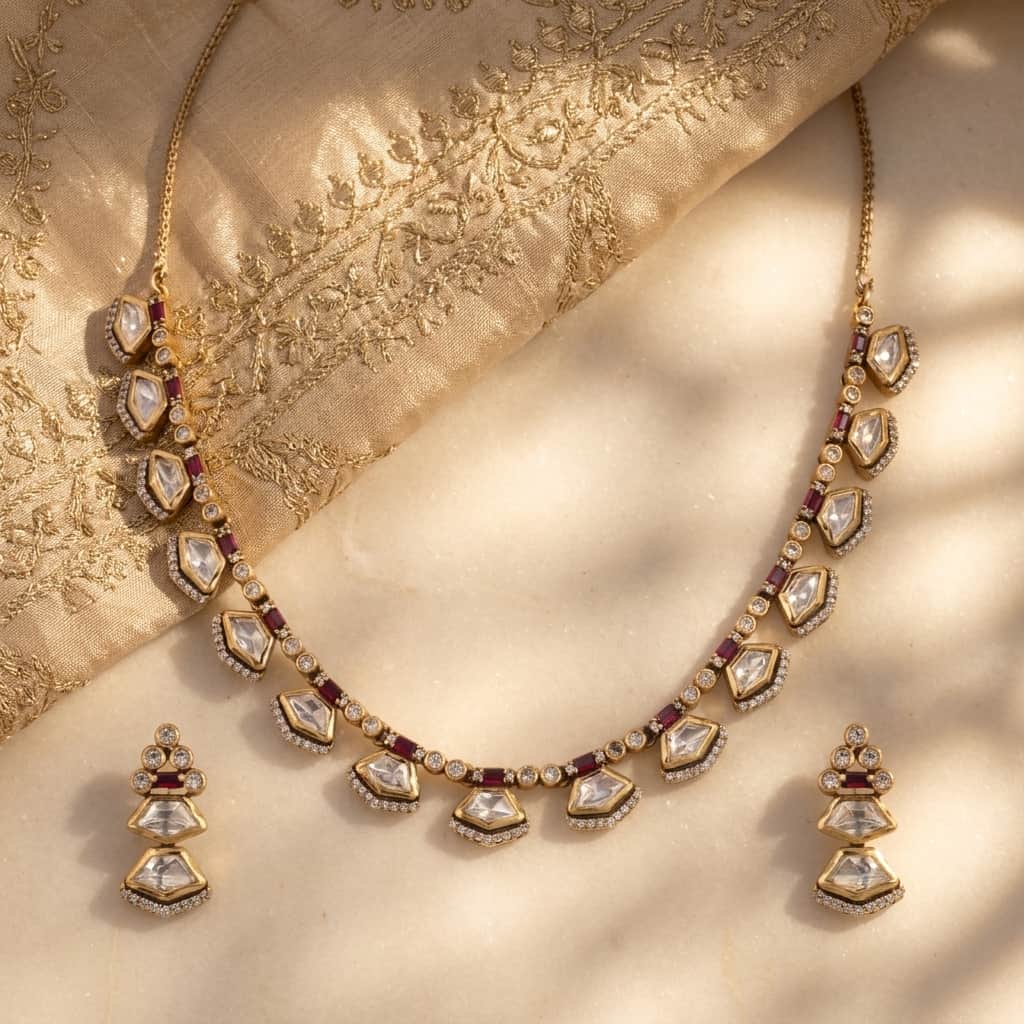 Mataari Necklaces Minimalist Single Line Kundan Polki Moissanite Necklace with Ruby & Emerald