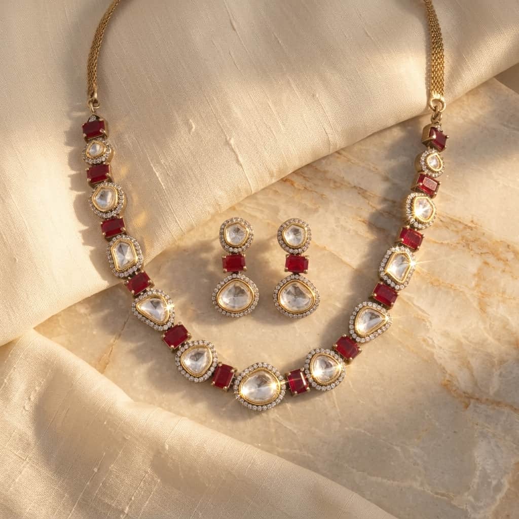 Mataari Necklaces Moissanite Kundan Polki Wedding Bridal Necklace with Drop Earrings