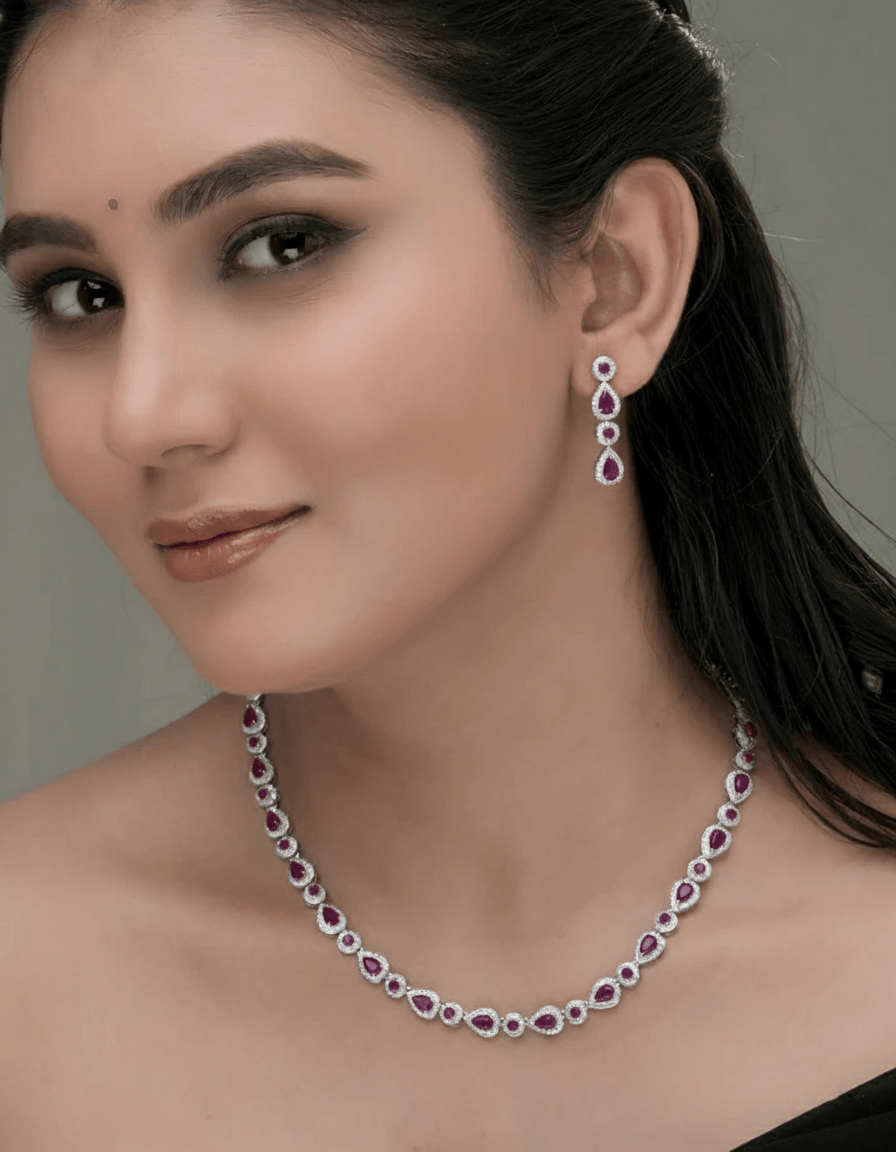 Mataari Necklaces Aura All Over Necklace & Earring Set | Rhodium | Indian Jewelry | Mataari