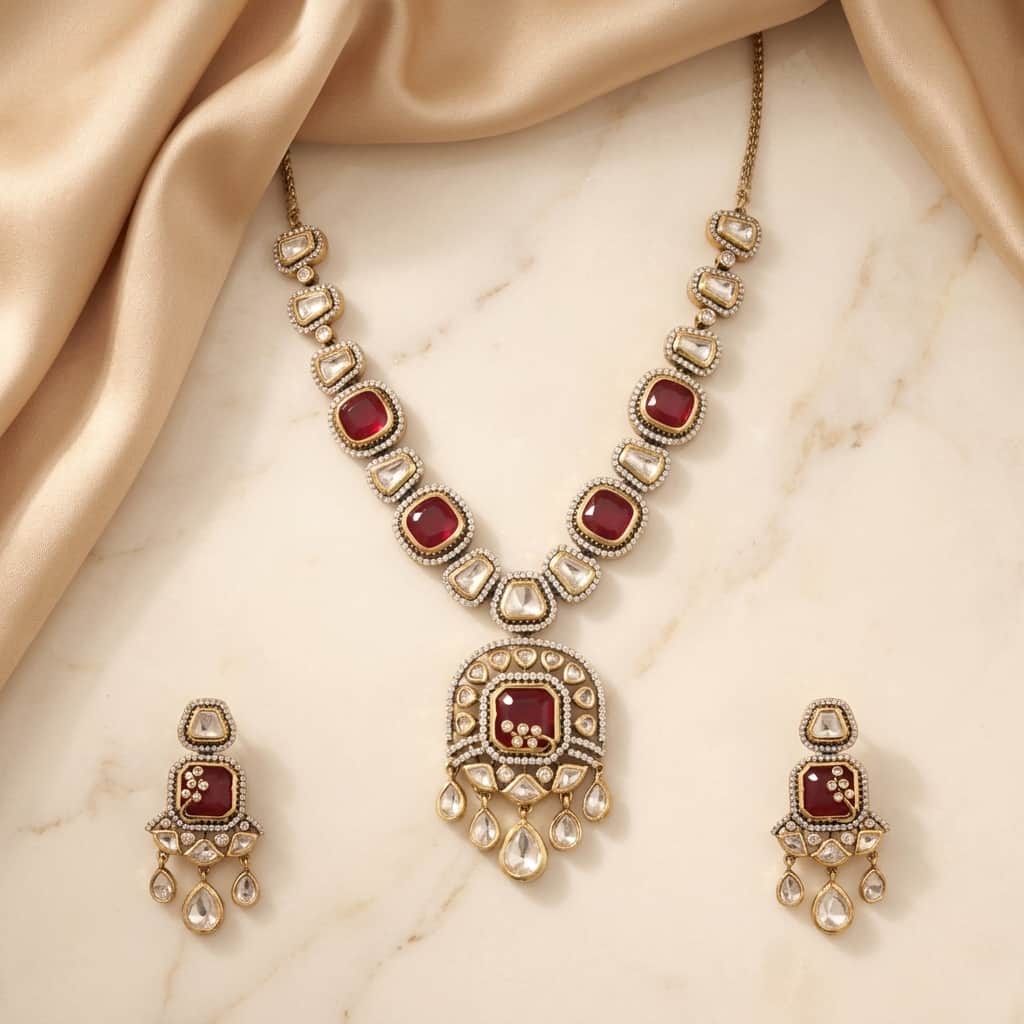 Mataari Necklaces Polki Kundan Gold Plated Moissanite Wedding Necklace with Ruby & Emerald