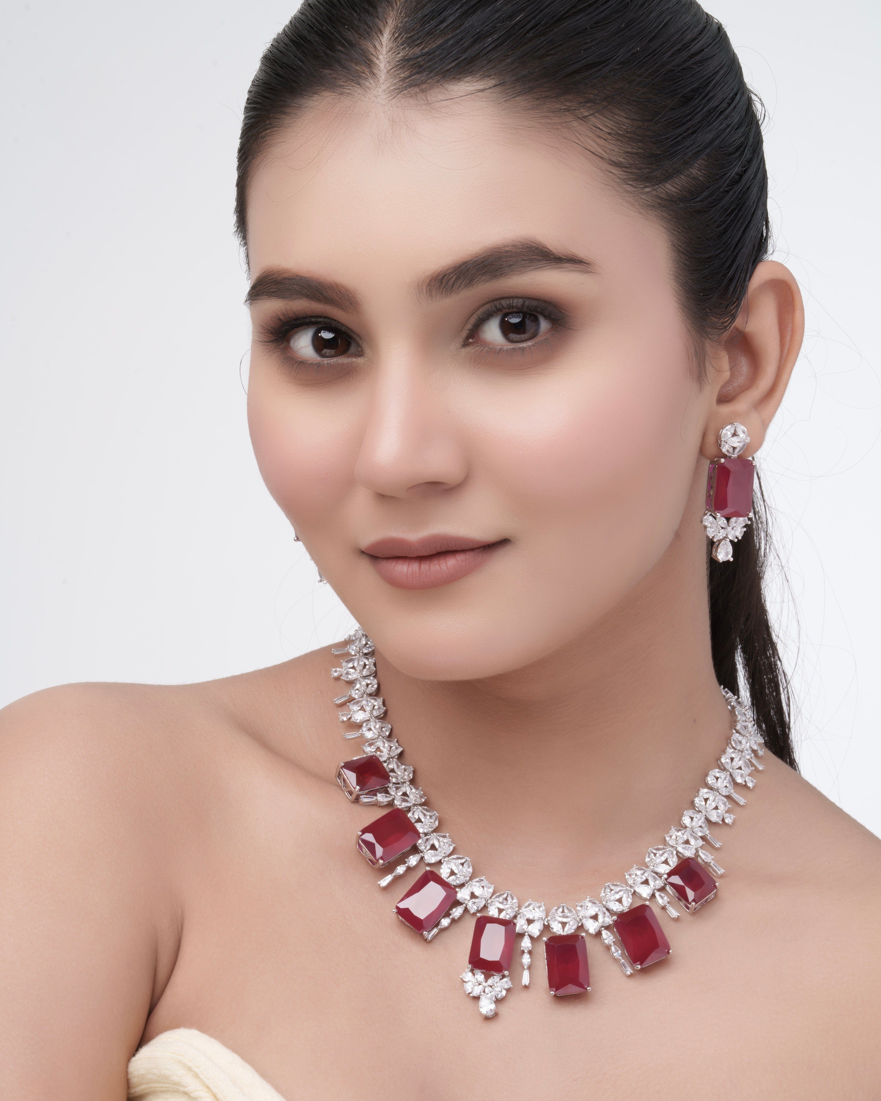Mataari Necklaces Blossom CZ Necklace & Earring Set | Rhodium | Indian Jewelry | Mataari