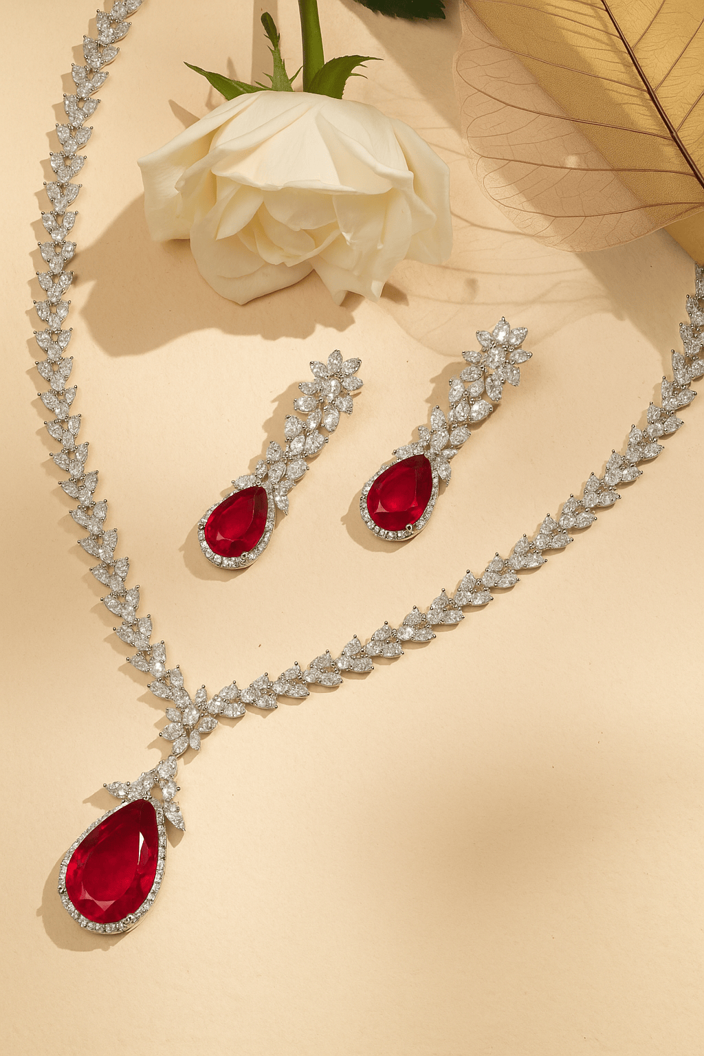 Mataari Necklaces Emeral Cascade CZ Swarovski Elements Necklace & | Rhodium | Indian Jewelry | Mataari
