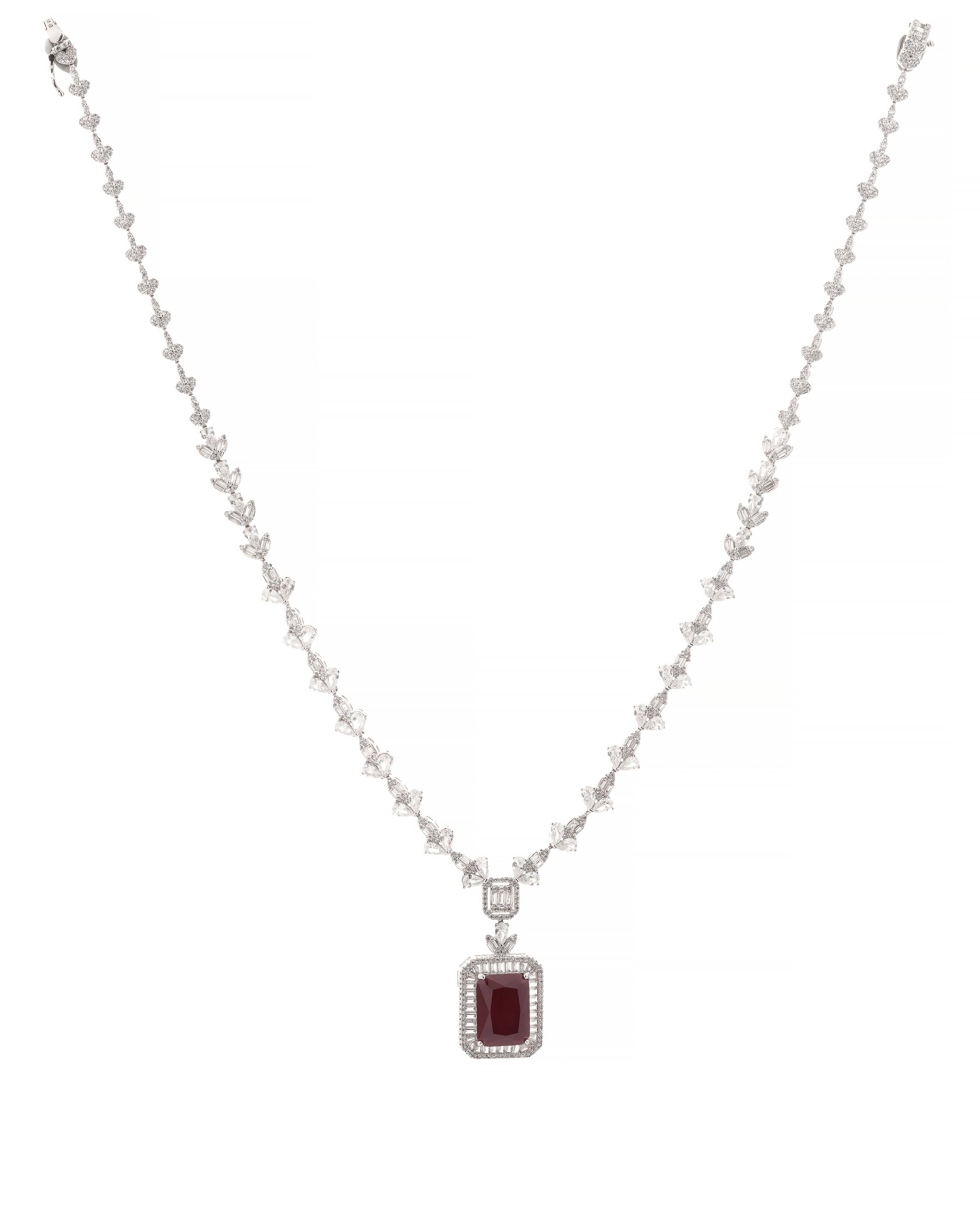 Mataari Necklaces Ruby Red Emerald-Cut CZ Swarovski Elements Necklace | Rhodium | Indian Jewelry | Mataari