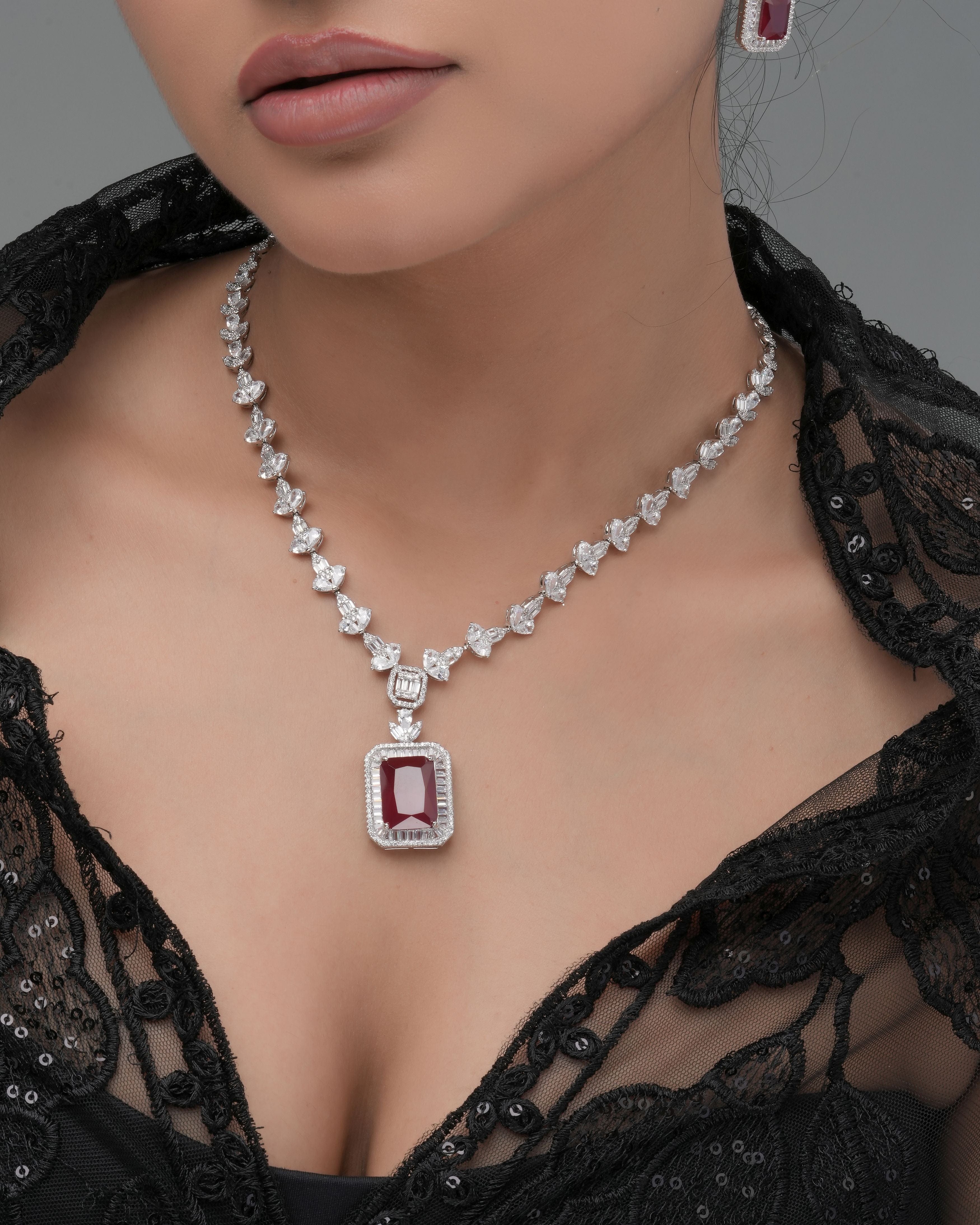 Mataari Necklaces Ruby Red Emerald-Cut CZ Swarovski Elements Necklace | Rhodium | Indian Jewelry | Mataari