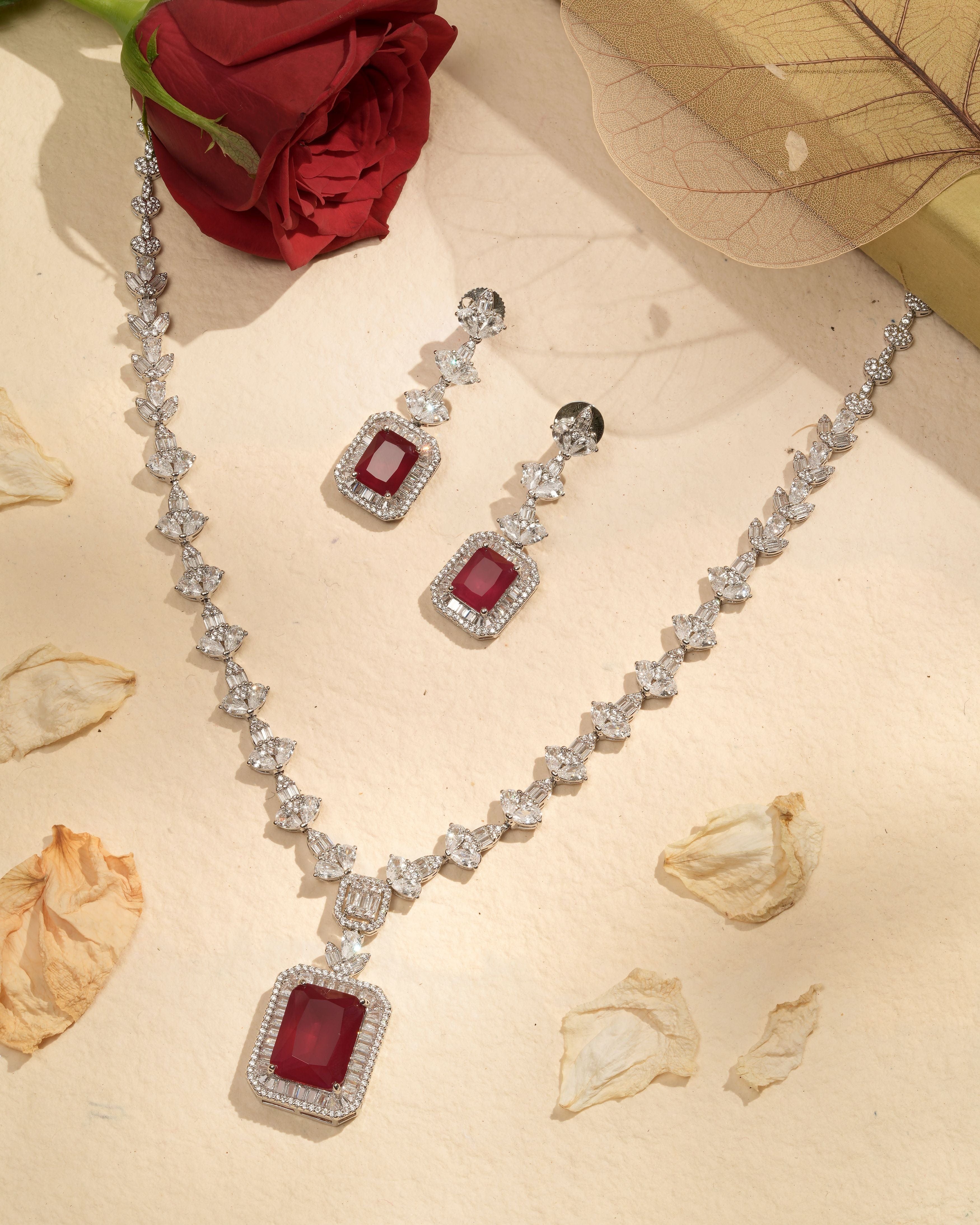 Mataari Necklaces Ruby Red Emerald-Cut CZ Swarovski Elements Necklace | Rhodium | Indian Jewelry | Mataari