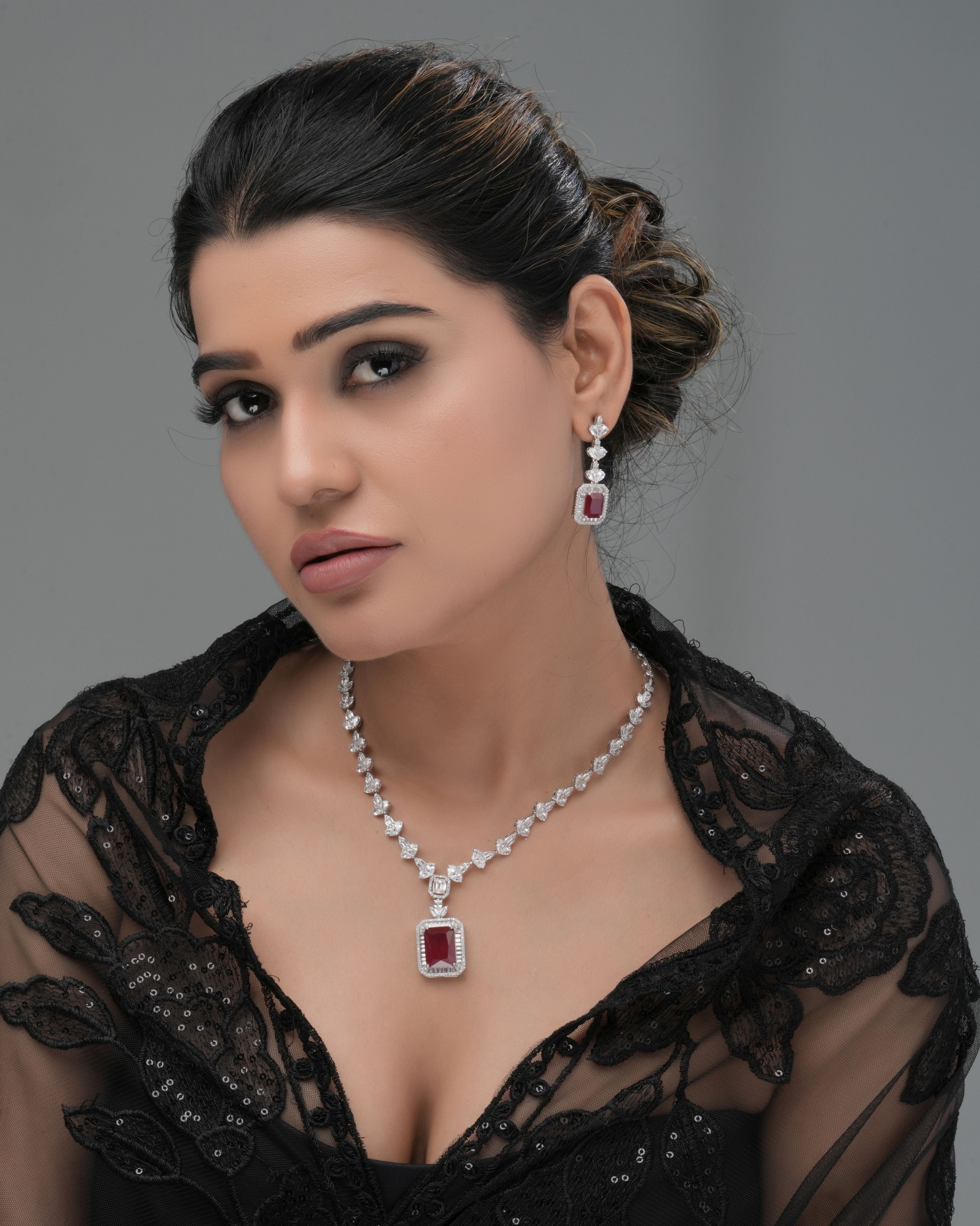 Mataari Necklaces Ruby Red Emerald-Cut CZ Swarovski Elements Necklace | Rhodium | Indian Jewelry | Mataari