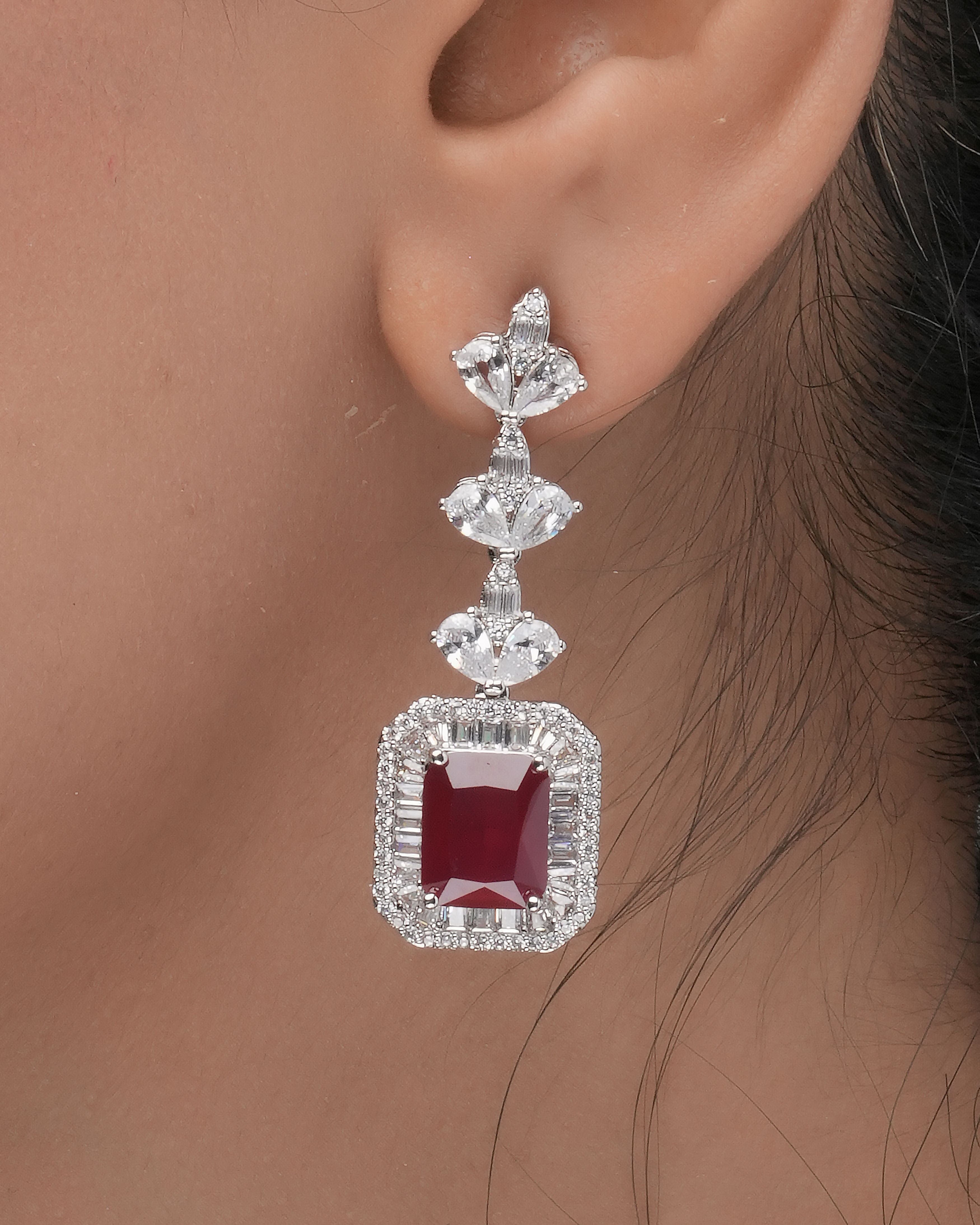 Mataari Necklaces Ruby Red Emerald-Cut CZ Swarovski Elements Necklace | Rhodium | Indian Jewelry | Mataari