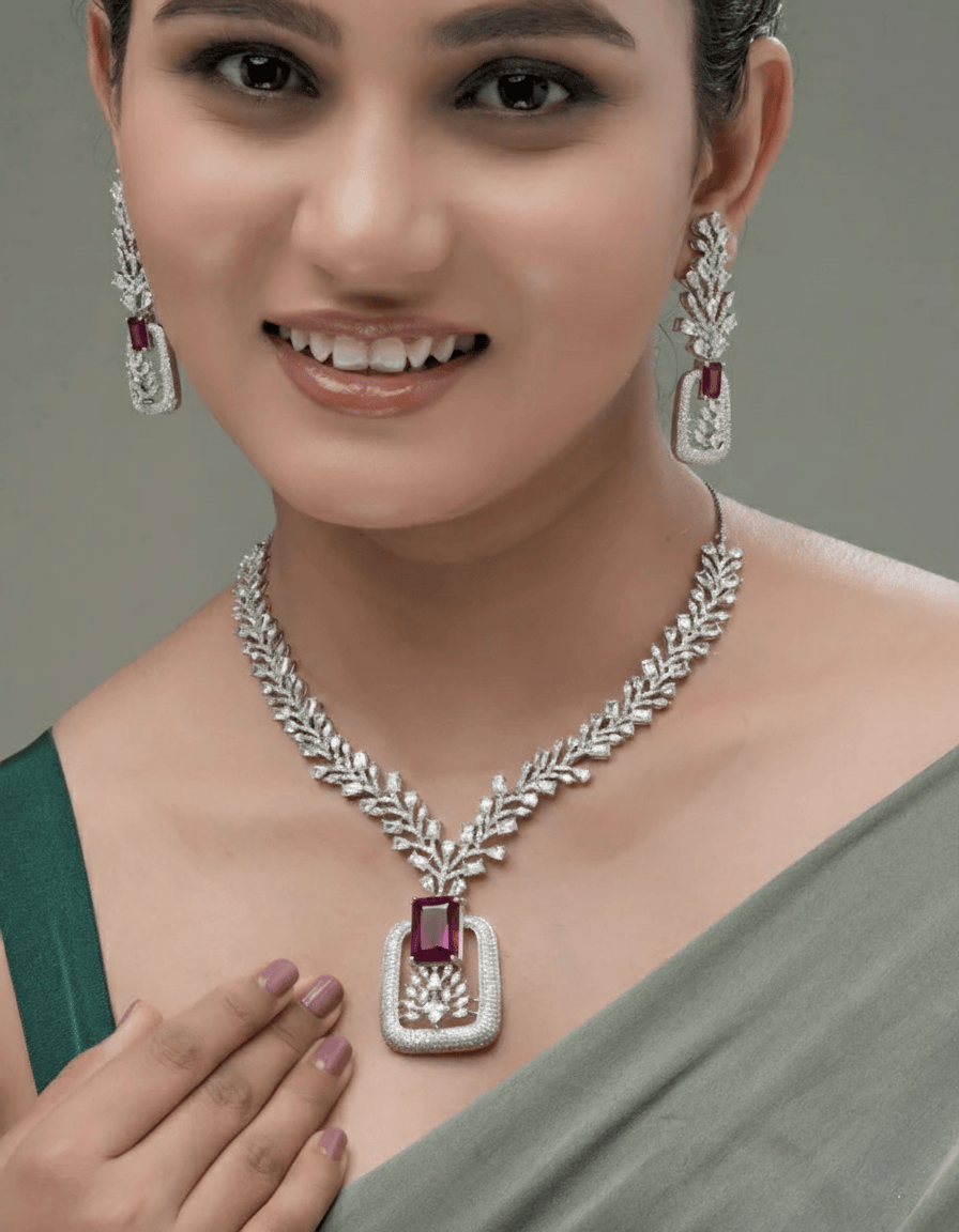 Mataari Necklaces Emerald Edge Crystal Necklace Set (Swarovski Elemens) | Rhodium | Indian Jewelry | Mataari