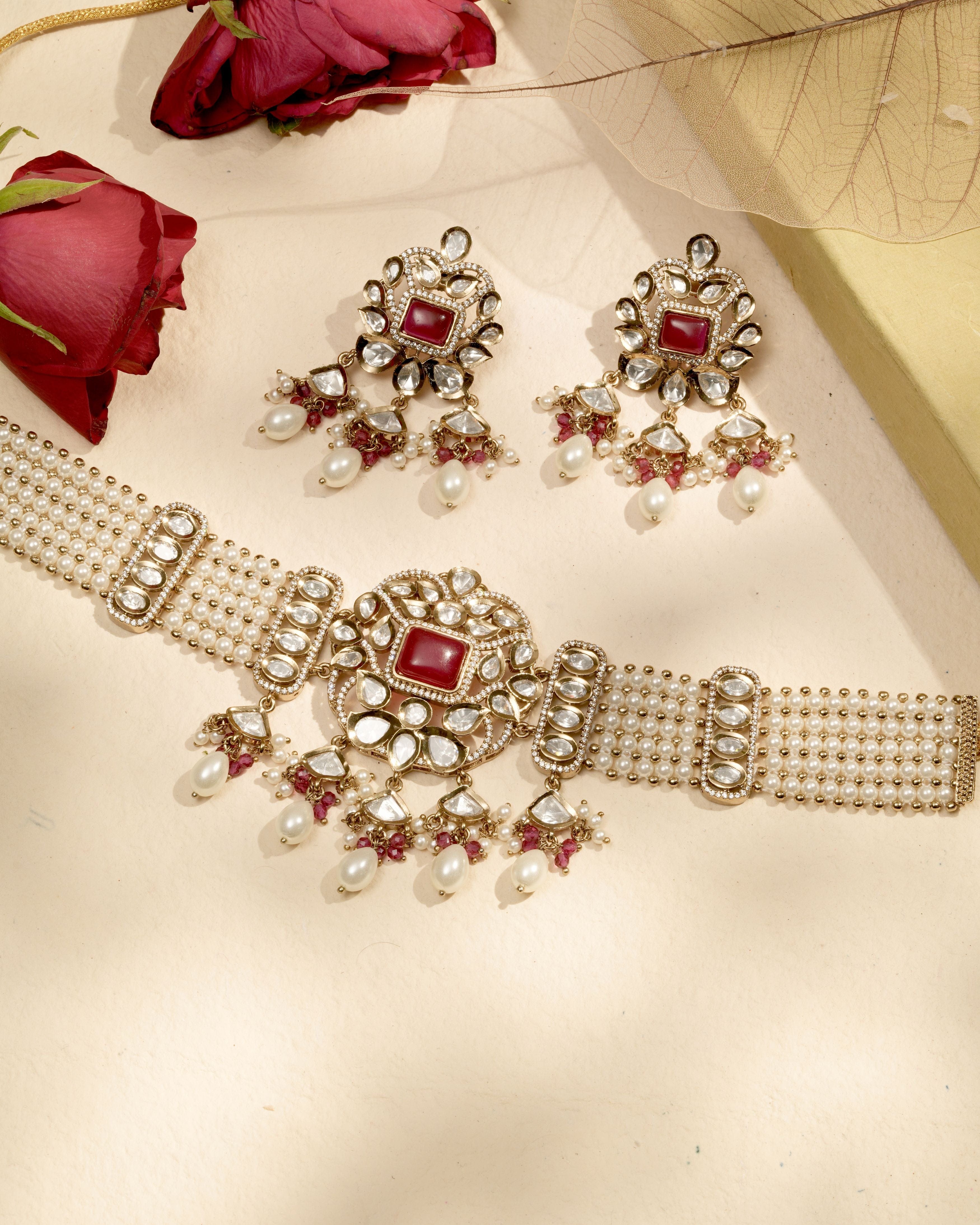 Mataari Necklaces Emerald Majesty Kundan Pearl Choker & Earring | Gold Tone | Indian Jewelry | Mataari