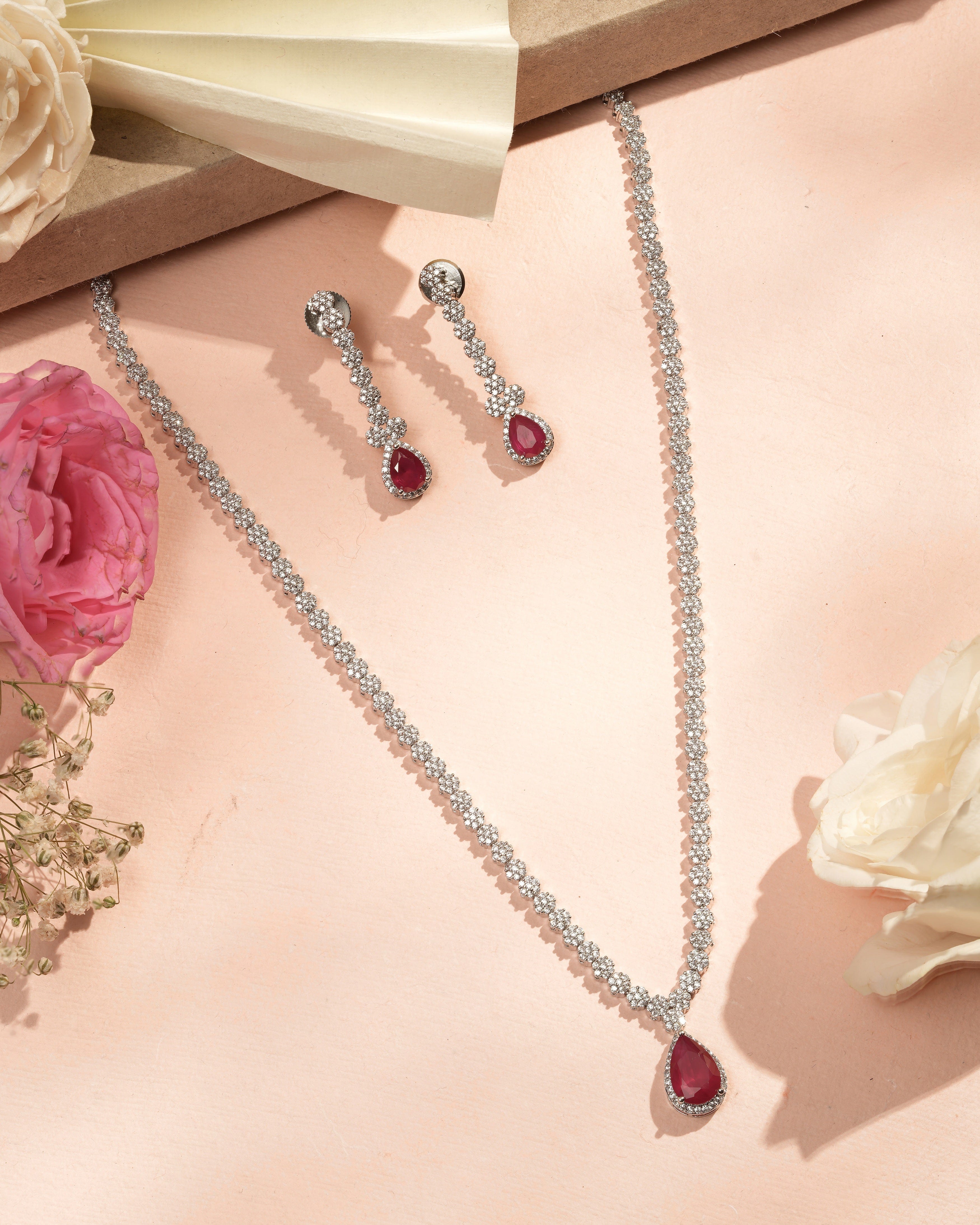 Mataari Necklaces Eternal Bloom Necklace & Earrings | Rhodium | Indian Jewelry | Mataari
