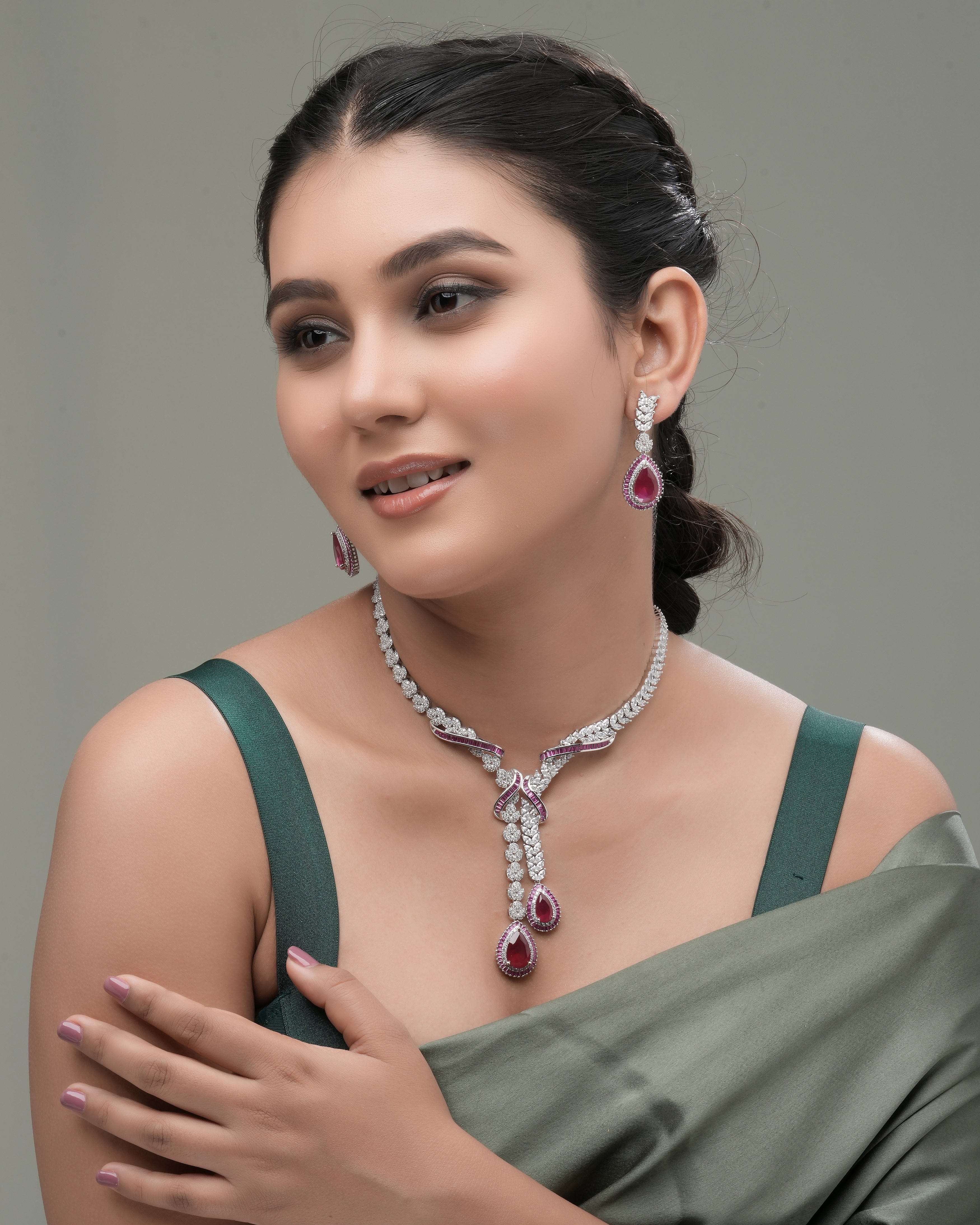 Mataari Necklaces Rosaria Ruby Baguette Necklace Set – Swarovski | Rhodium | Indian Jewelry | Mataari