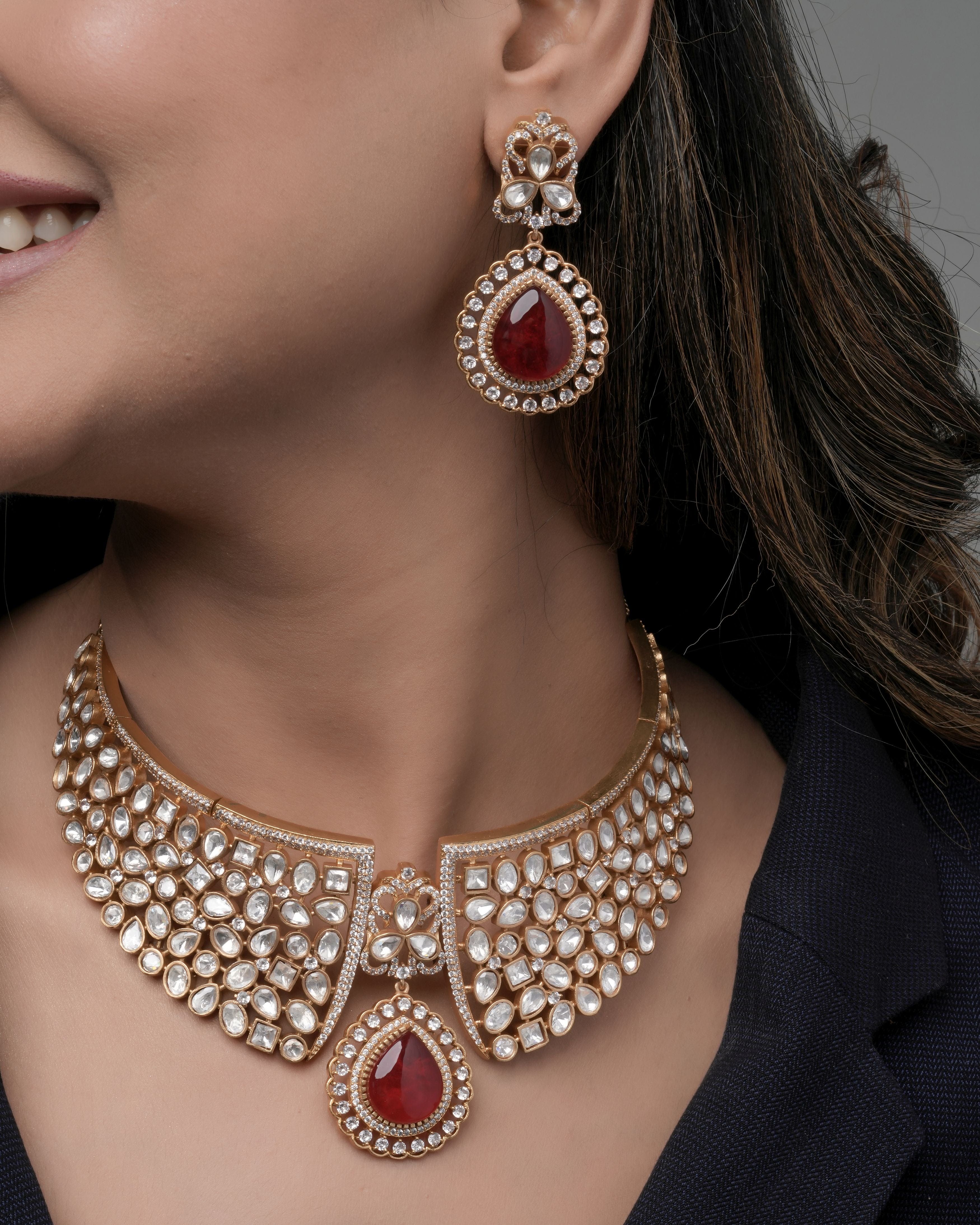 Mataari Necklaces Ruby Flame Gold Bridal Choker Set – | CZ | Indian Jewelry | Mataari