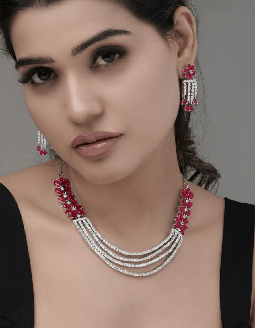 Mataari Necklaces Ruby Regal Quad CZ Blossom Choker Necklace | Rhodium | Indian Jewelry | Mataari