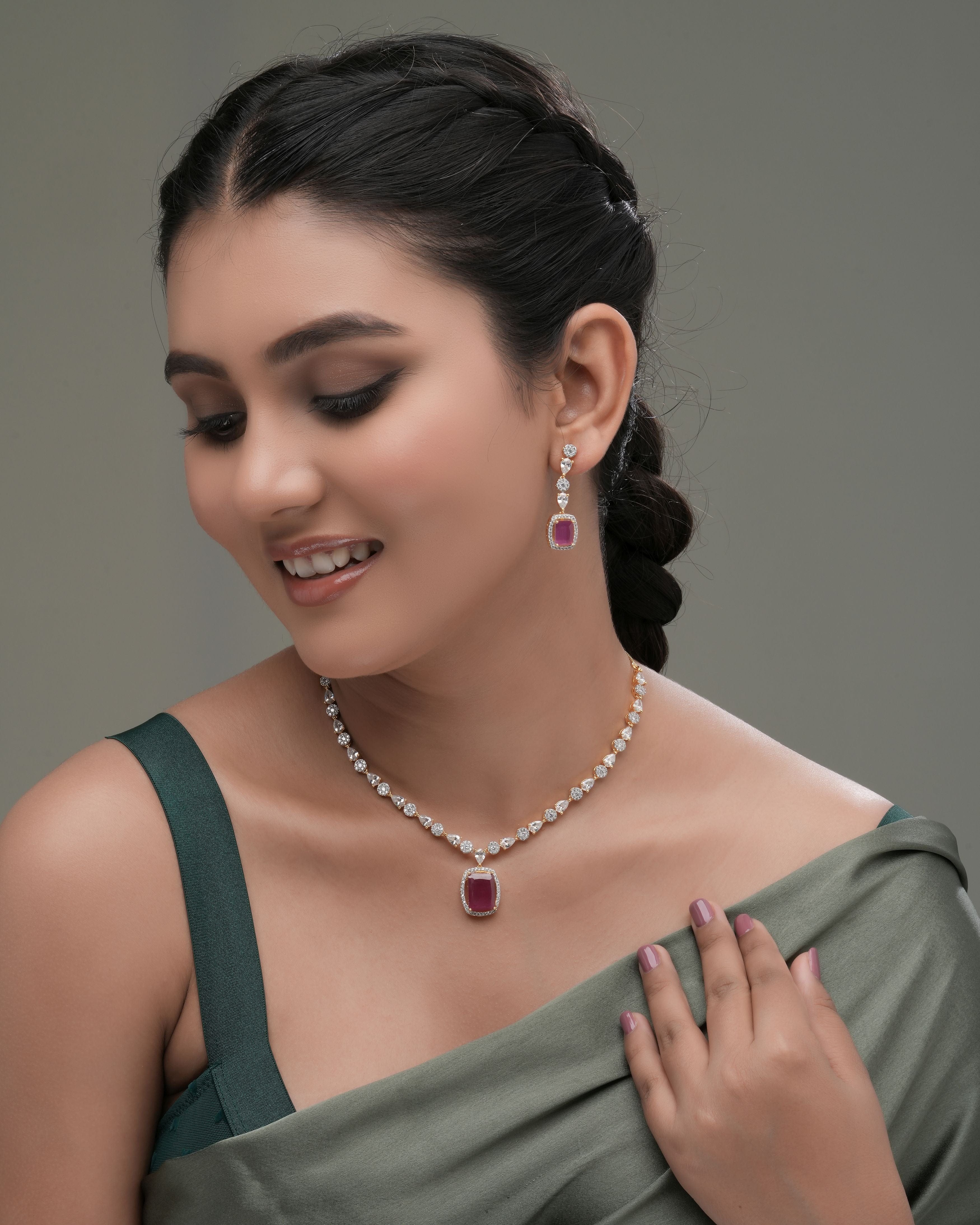 Mataari Necklaces Ruby Reverie CZ Station Necklace & Earring | CZ | Indian Jewelry | Mataari