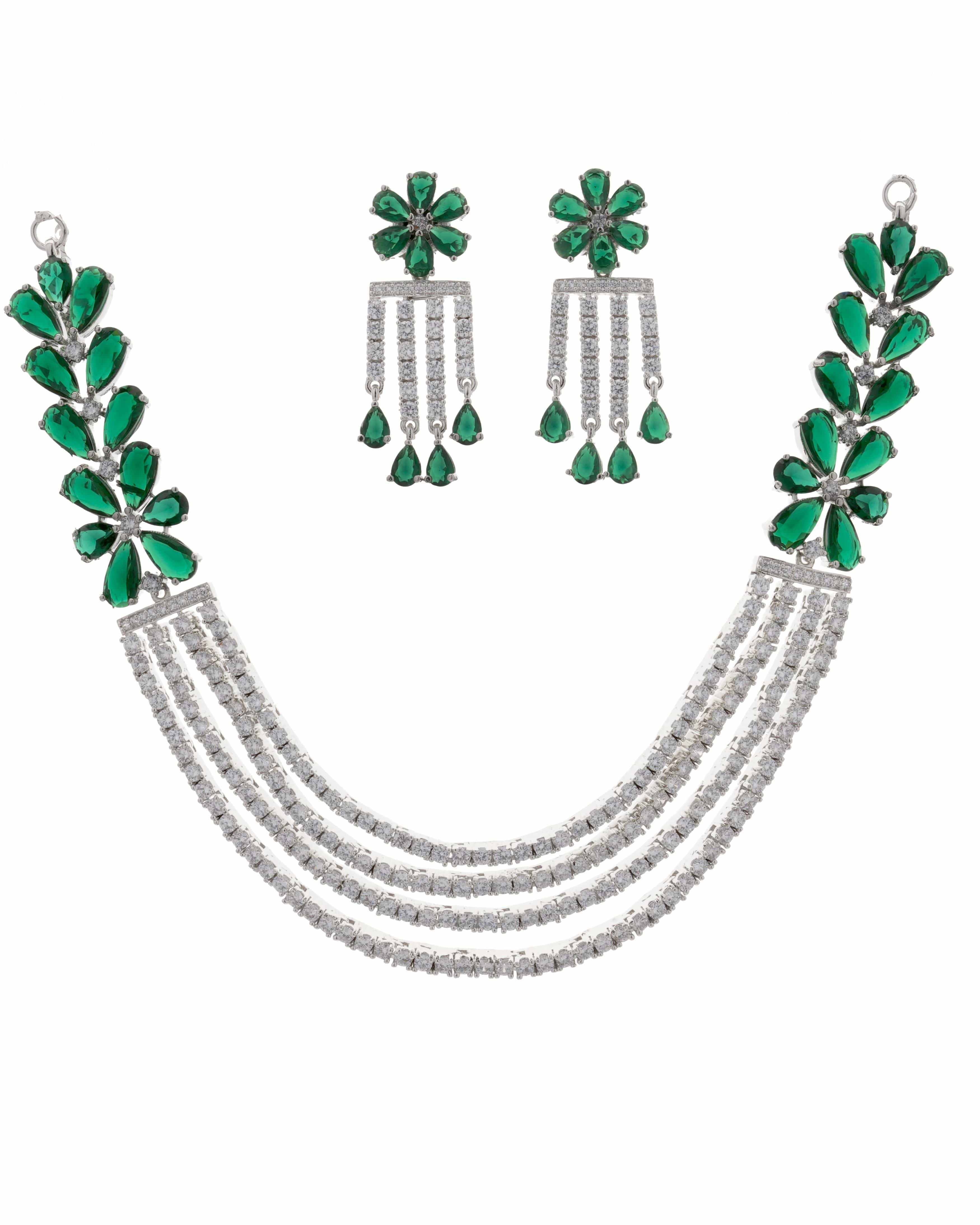 Mataari Necklaces Ruby Regal Quad CZ Blossom Choker Necklace | Rhodium | Indian Jewelry | Mataari