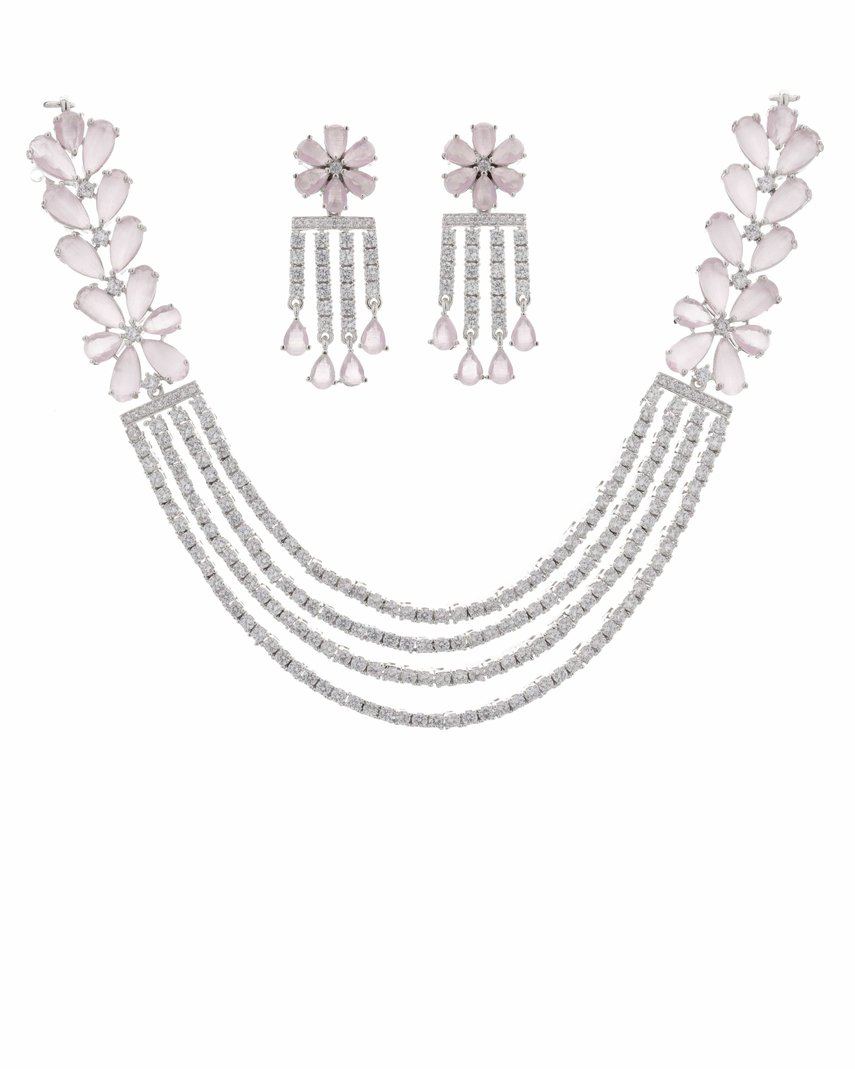Mataari Necklaces Ruby Regal Quad CZ Blossom Choker Necklace | Rhodium | Indian Jewelry | Mataari