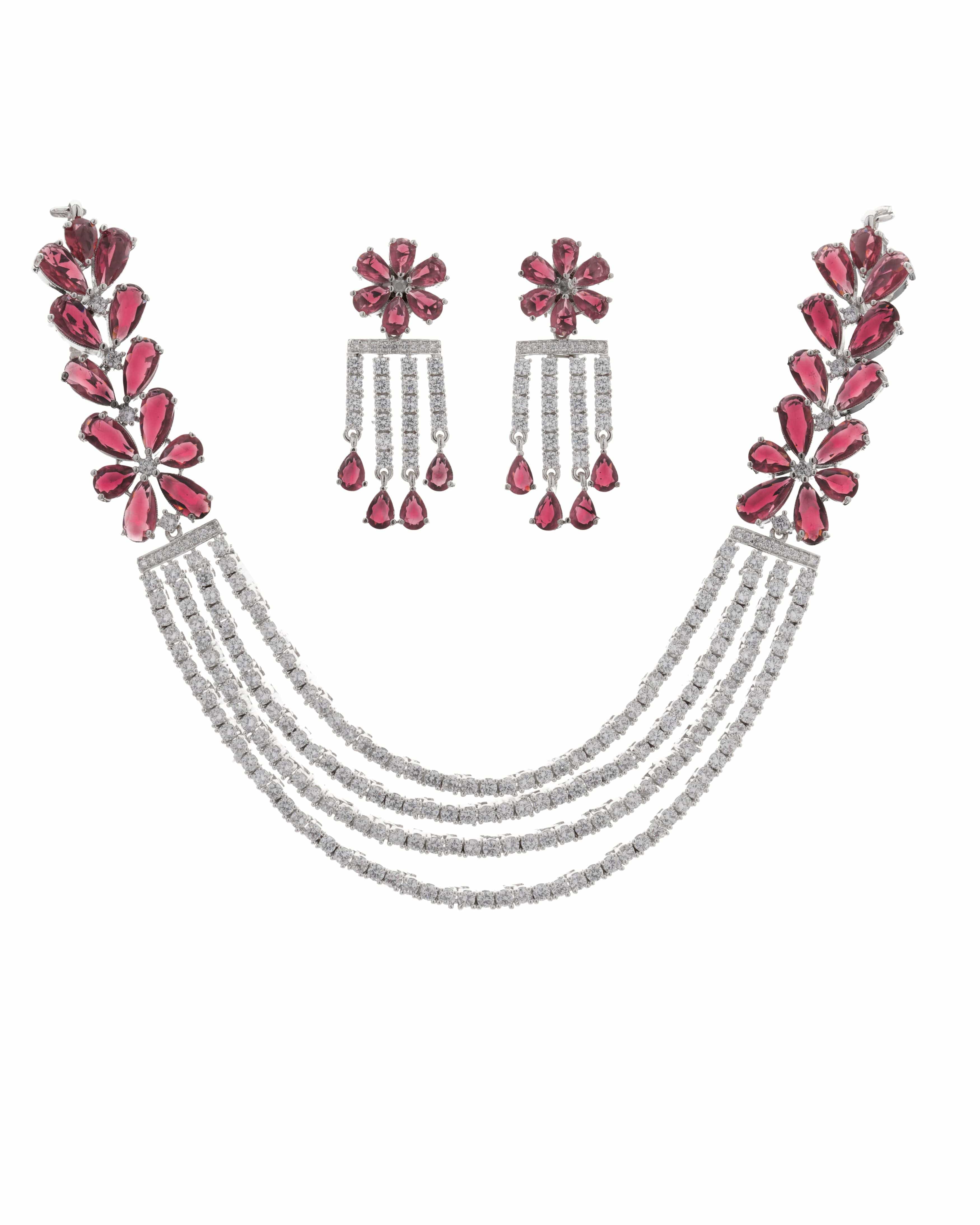 Mataari Necklaces Ruby Regal Quad CZ Blossom Choker Necklace | Rhodium | Indian Jewelry | Mataari