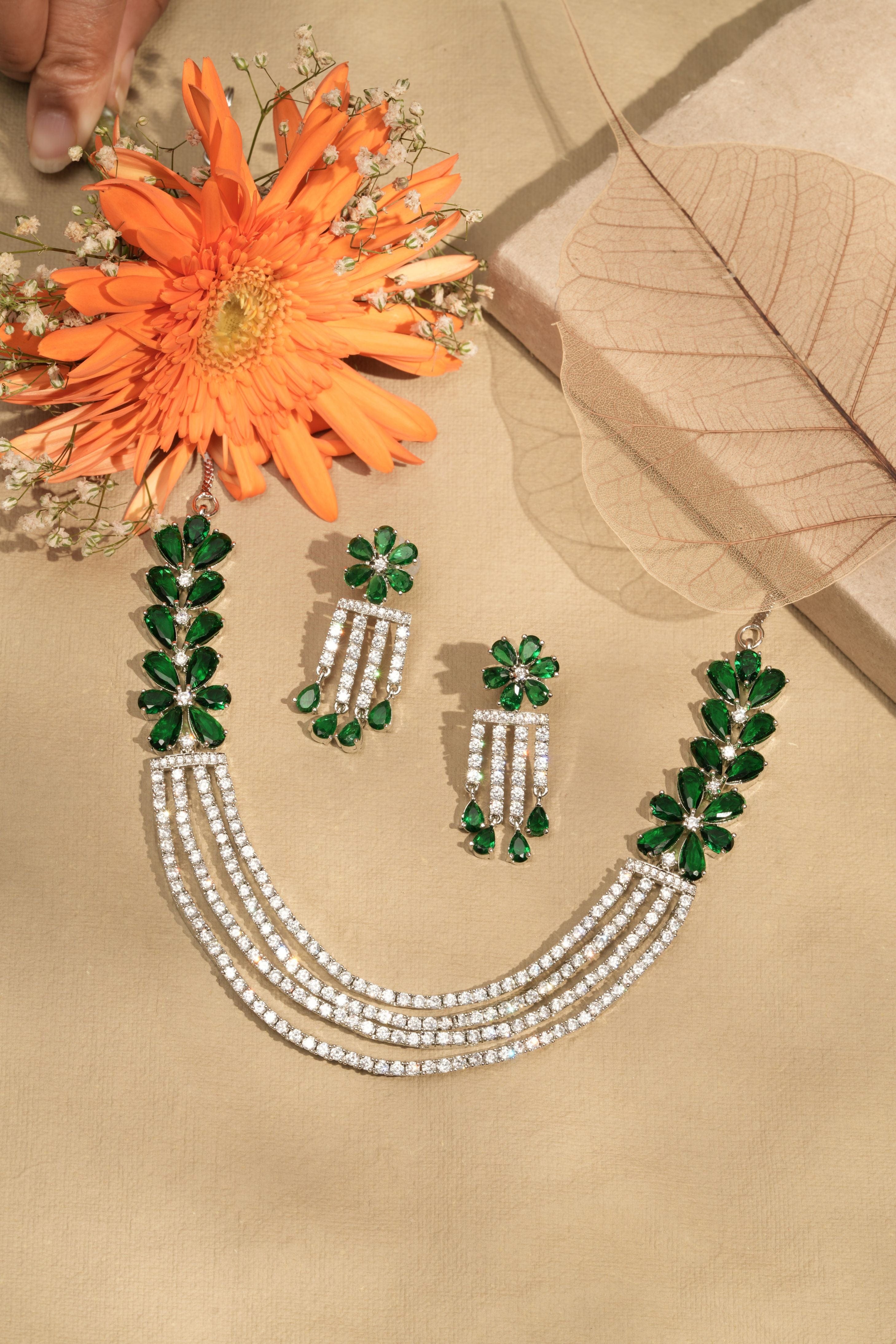 Mataari Necklaces Ruby Regal Quad CZ Blossom Choker Necklace | Rhodium | Indian Jewelry | Mataari