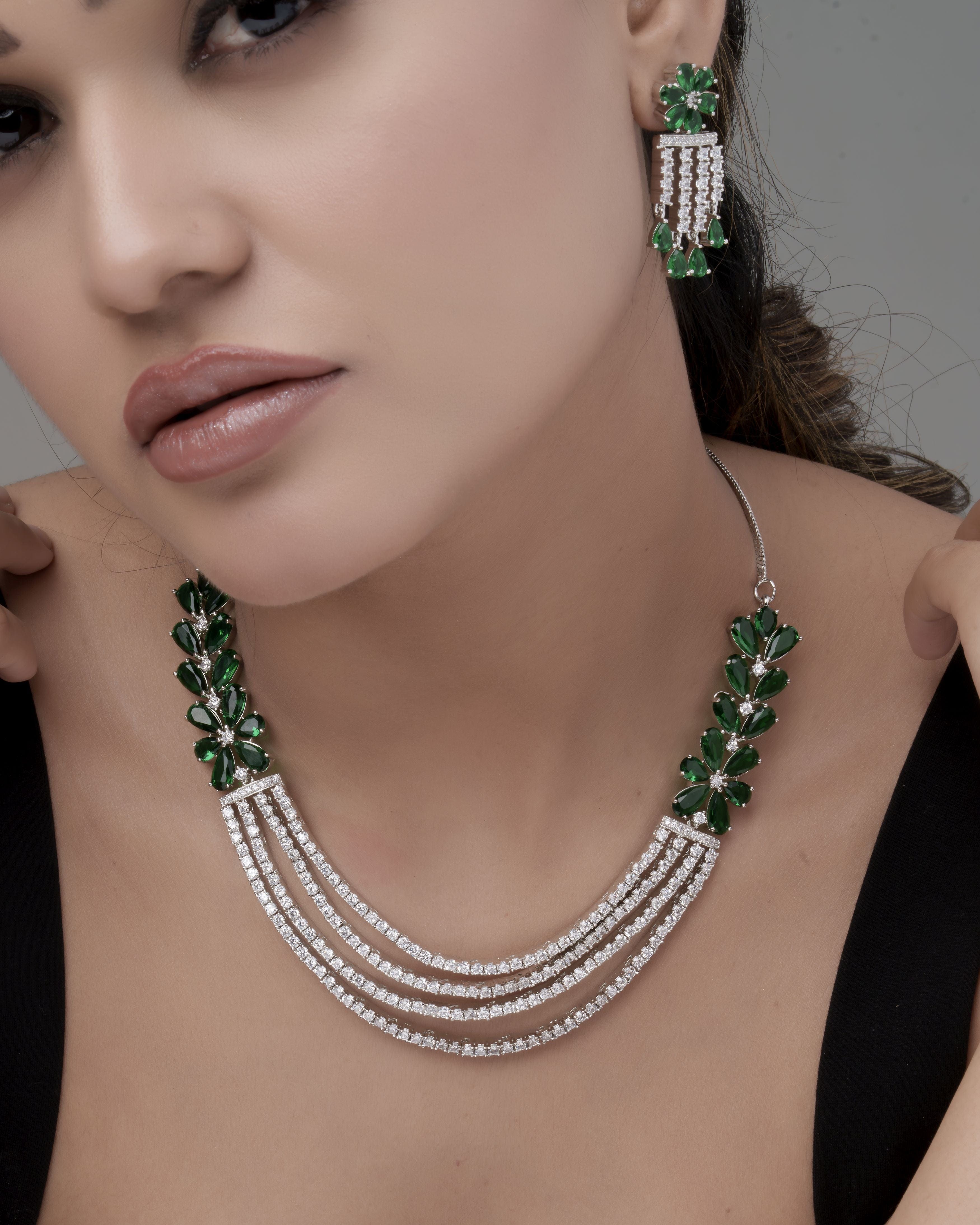 Mataari Necklaces Ruby Regal Quad CZ Blossom Choker Necklace | Rhodium | Indian Jewelry | Mataari