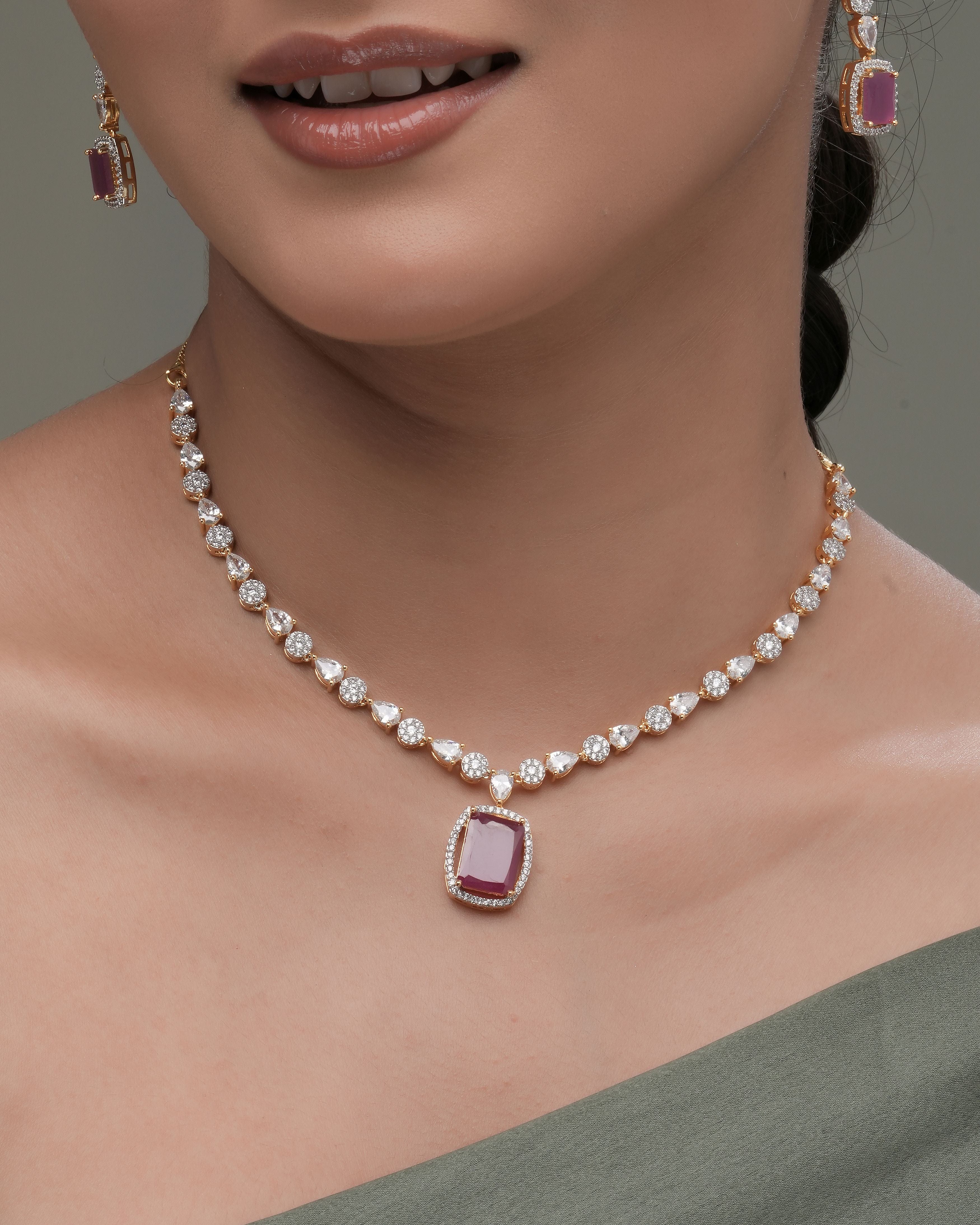 Mataari Necklaces Ruby Reverie CZ Station Necklace & Earring | CZ | Indian Jewelry | Mataari